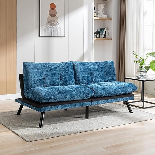 Sofá futón convertible tapizado, sofá cama de tela de chenilla, con respaldo ajustable y patas de metal, para sala de estar pequeña, apartamento