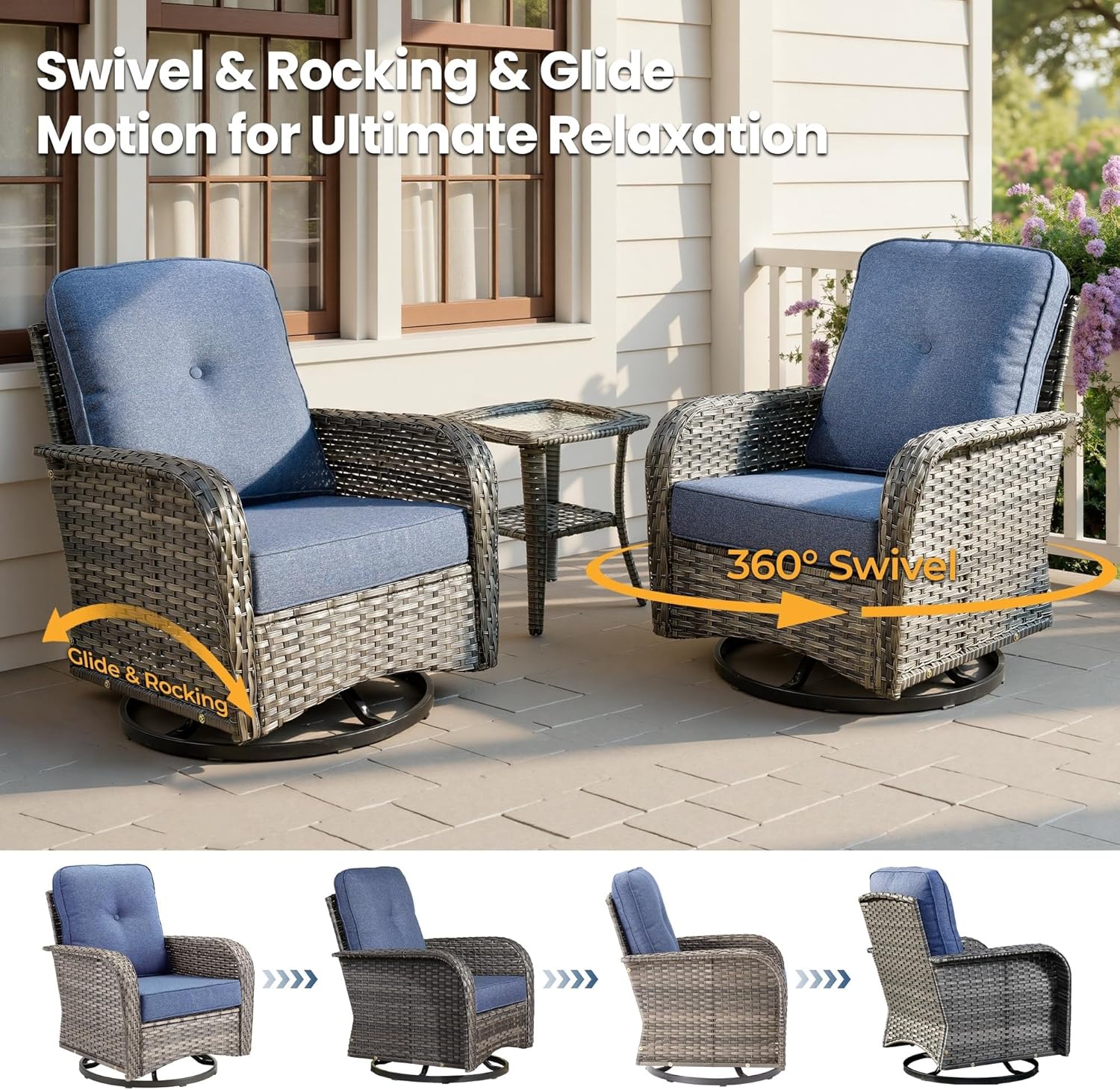 8 Pieces Outdoor Patio Furniture Sets with Swivel Rocking Patio Chairs and Loveseat Sofa Coffee Table All Weather Wicker Conversation Set for Deck Backyard Porch Poolside(Beige)