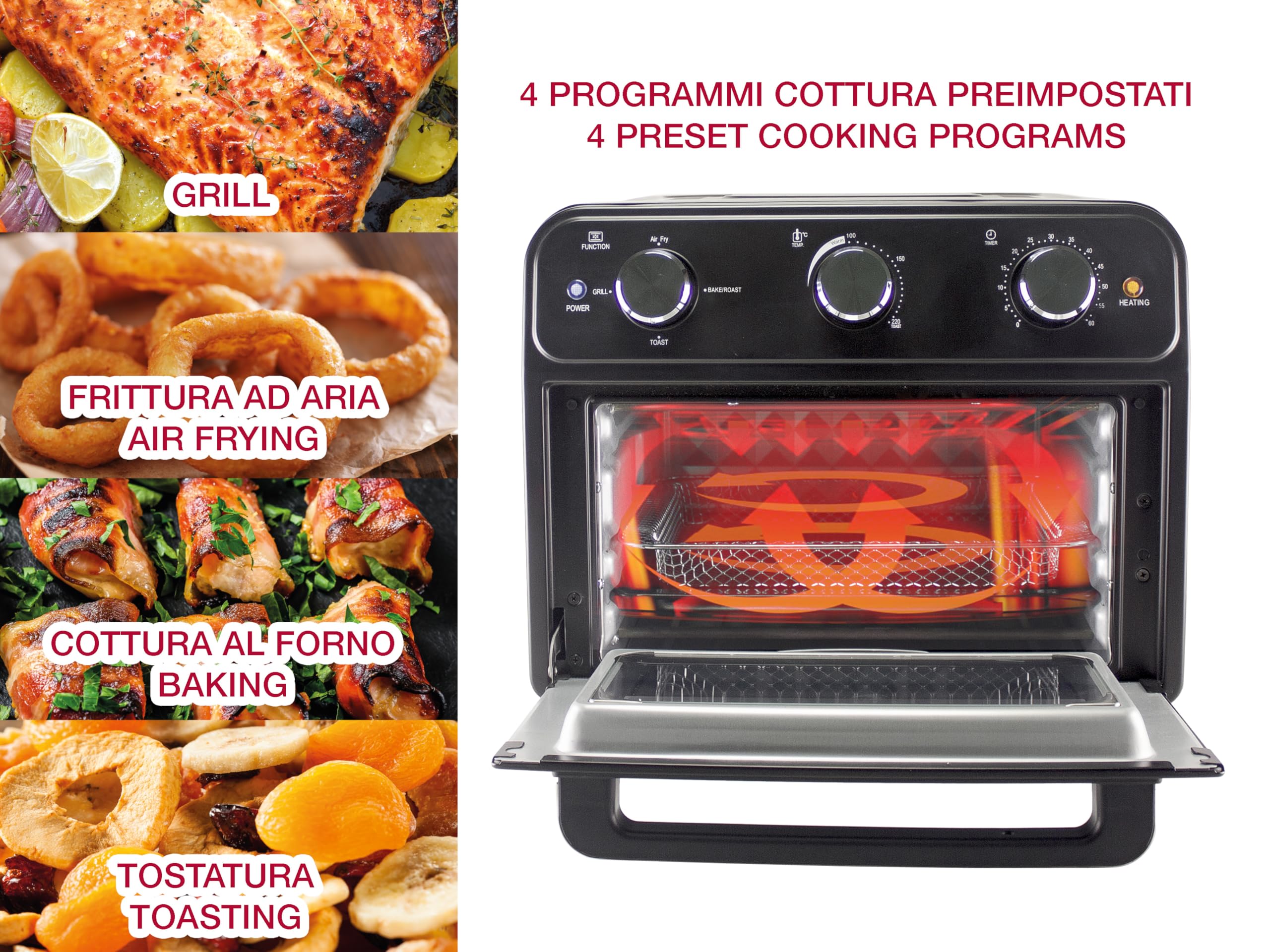 BEPER P101FRI024 Freidora de Aire Multifunción 24L, Freidora de Aire con 4 Funciones: Freír, Grill, Horno, Tostar, Temporizador de 60 min, 220°C, Accesorios Apto para Lavavajillas, Doble Cristal