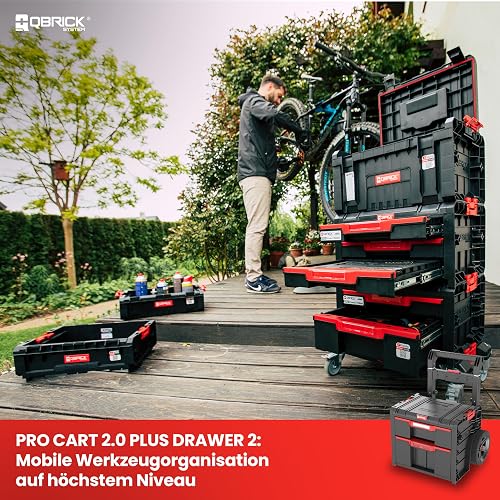 Qbrick - System PRO Cart 2.0 Plus Drawer 2 BLACK - Tool Trolley for Tools & Accessories - Heavy Duty, Durable Plastic Construction, Storage Solution - 2