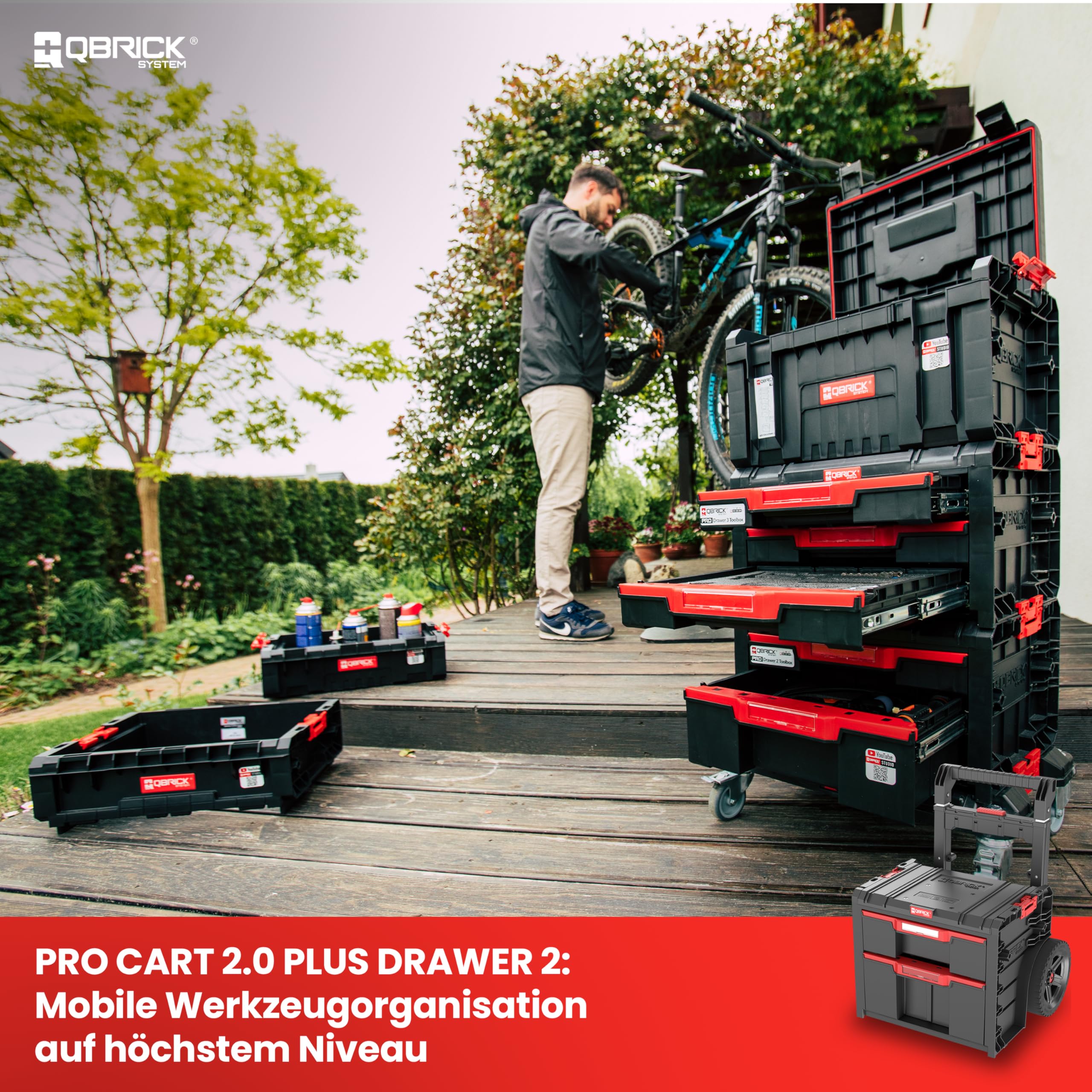 Qbrick System Werkzeugwagen Pro Cart 2.0 Plus Drawer 2 Black Werkzeugtrolley Werkzeugkoffer mit 2 Schubladen Robust Werkzeugkasten Modular