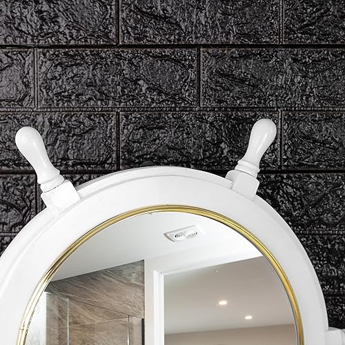 Miniatura 7 de Nagina International Classic White Kauffman - Espejo náutico grande con rueda de barco con anillo de latón, espejos para montar en la pared (24