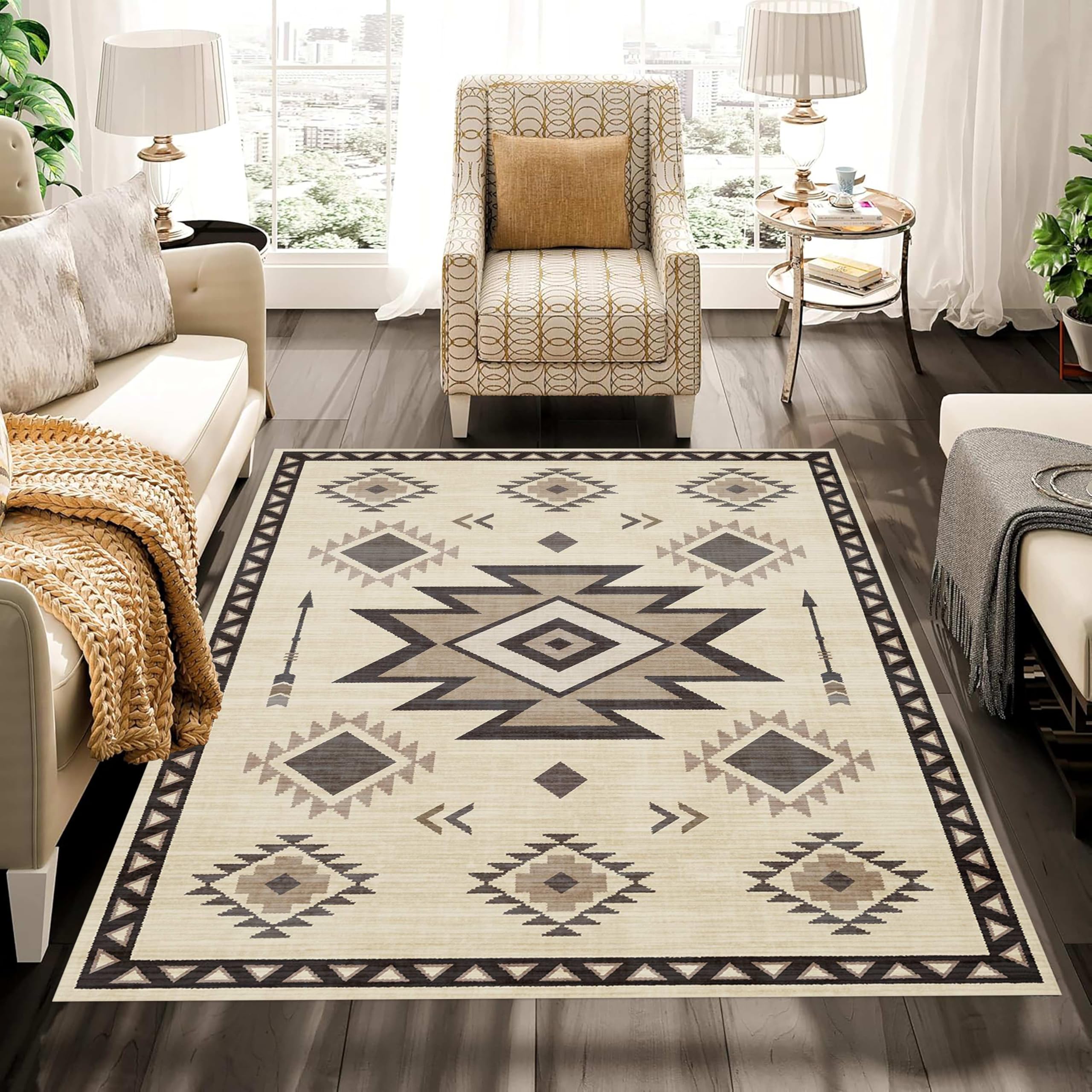 MUOUCTE Moroccan Area Rugs for Bedroom, 180x300cm, Traditional Western Aztec Native Ethnic Design Neutral Rug, Ultra-Thin Low Pile Machine Washable Room Decor Carpet for Bedside Lounge