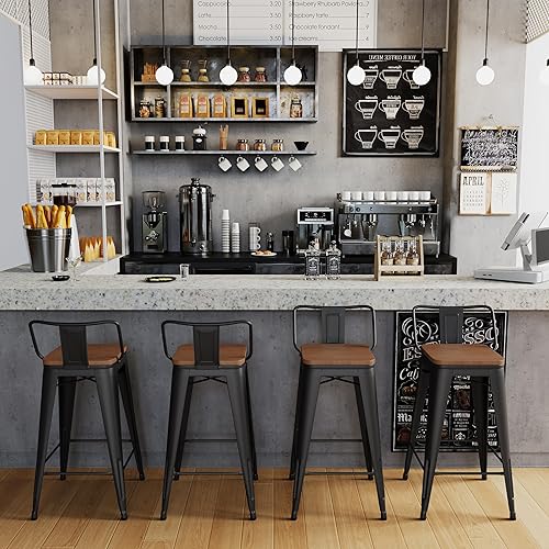Miniatura 9 de HAOBO Home 24" Low Back Metal Counter Stool Height Bar Stools with Wooden Seat [Set of 4] Barstools, Matte Black Negro -,Blanco