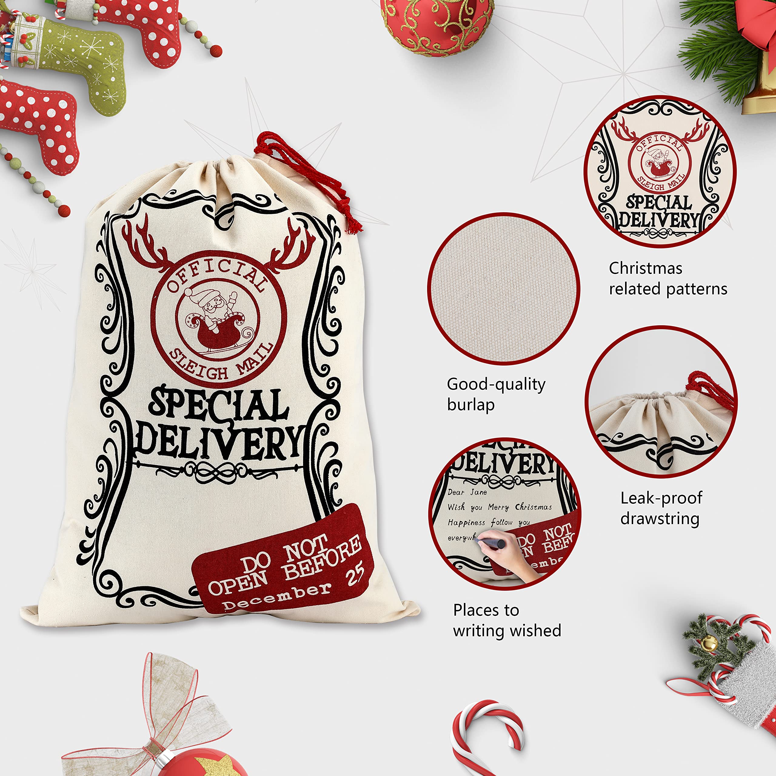 LessMo Christmas Santa Sack, Large Christmas Canvas Gift Bag with Drawstring, Reusable Personalized Best Gift, for Xmas Package Storage, Christmas Party Supplies Favors