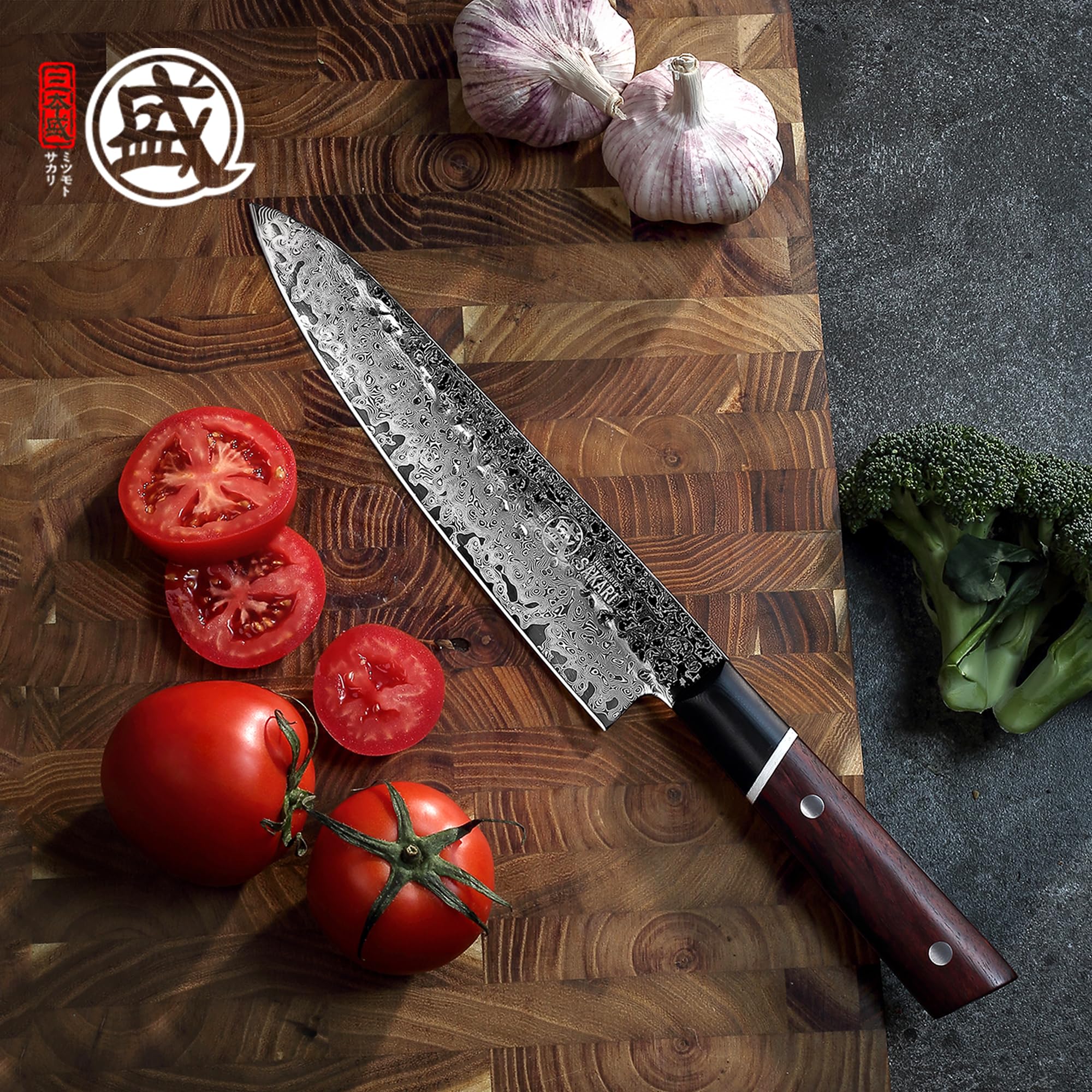 MITSUMOTO SAKARI Coltello da Cucina Gyuto 20 cm S440C in Polvere | Acciaio Damasco a 73 Strati, Coltello da Cucina Giapponese Forgiato a Mano, Manico G10 in Legno di Sangue