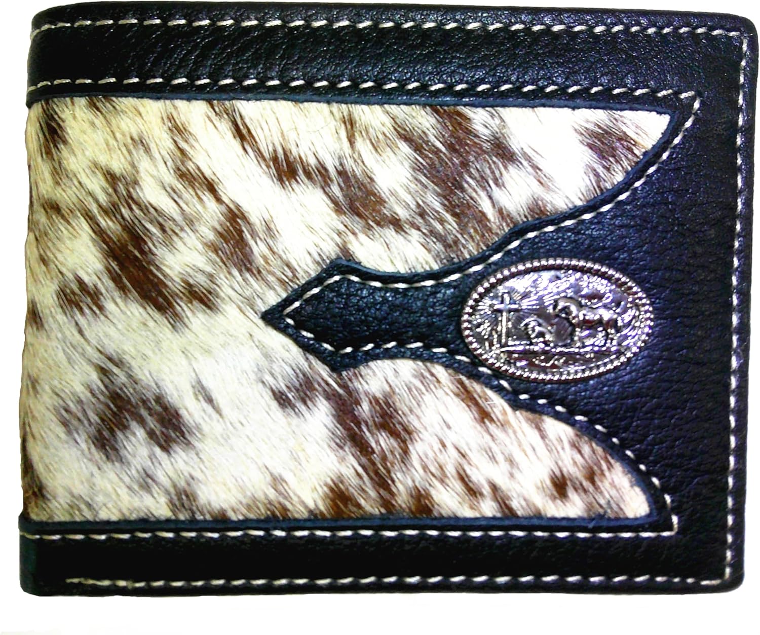 Western Genuine Tooled Leather Cowhide Cow Fur Mens Bifold Short Wallet in 2 colors (Black Cowboy)