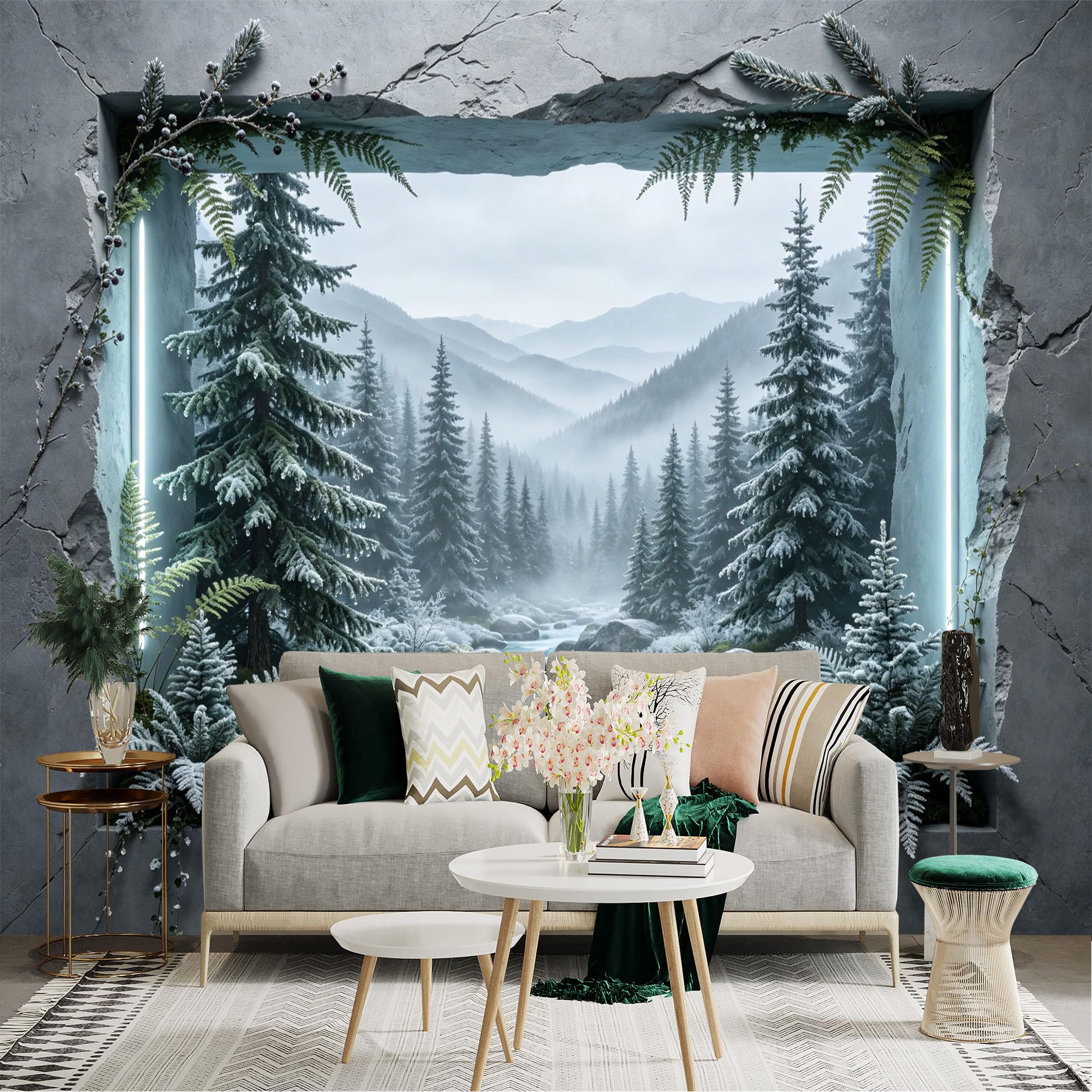 Custom Size Wall Sticker Mural， Frozen Forest with River， Snowy Mountains and Winter Landscape， for wall Decoration， peelandstick wall Decals.