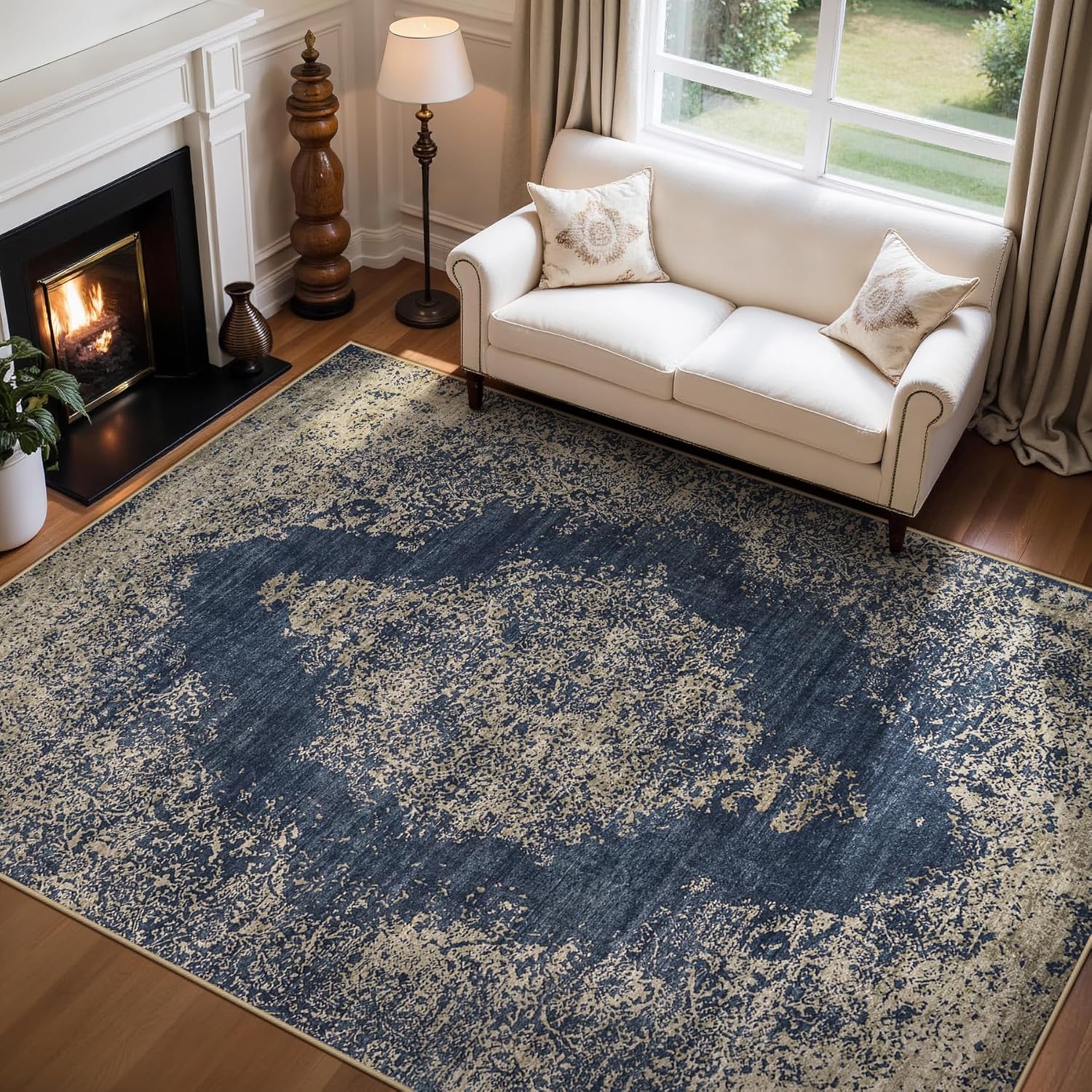 5x7 Area Rugs Washable Rug, Large Vintage Soft Rugs for Living Room Retro Medallion Indoor Carpet for Bedroom Nursery Dining Room Dorm Home Office Non-Slip Stain Resistant Rug (Blue, 5'x7') Blue 5' x 7' (Rectangular)