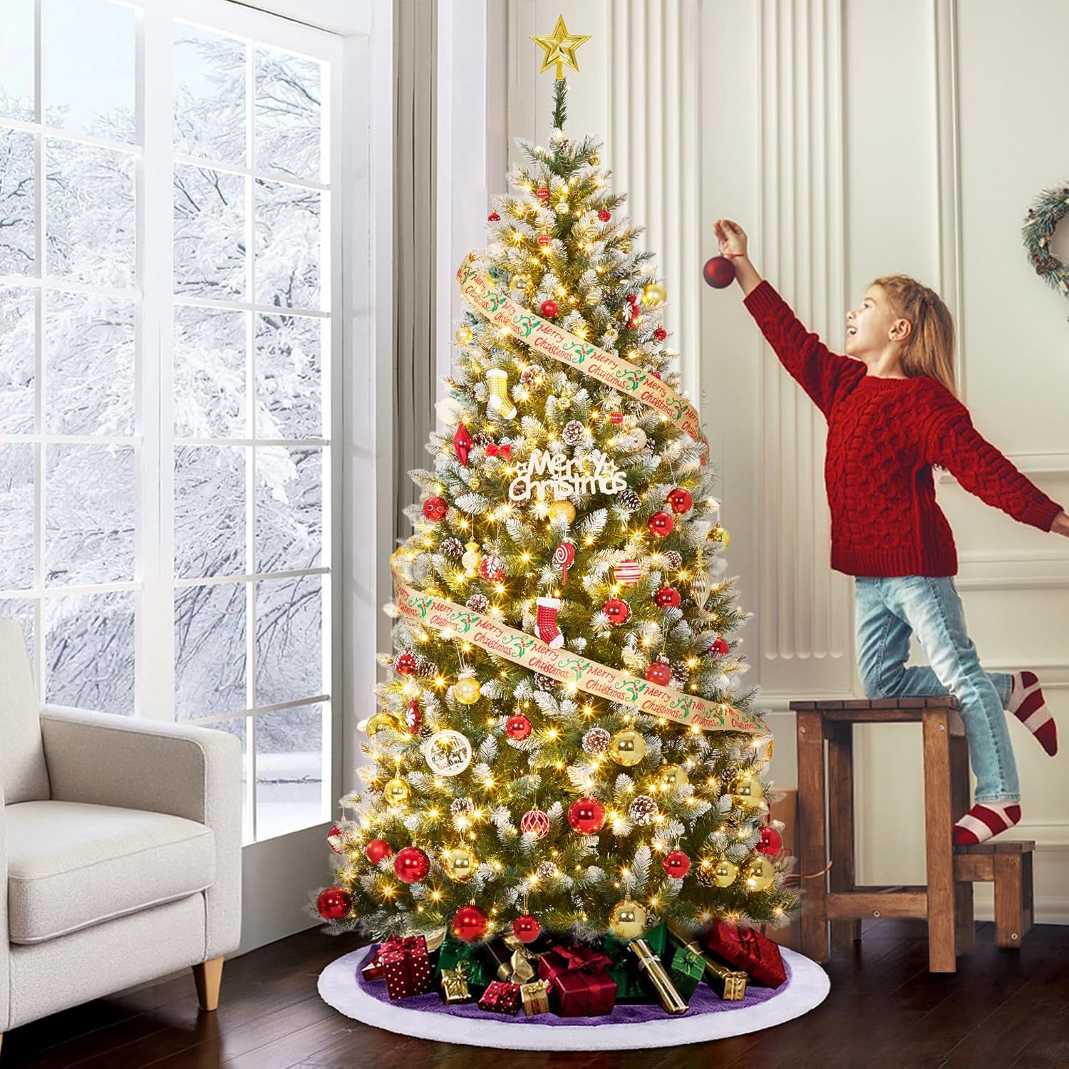 GarveeHome 9FT Pre-Lit Artificial Christmas Tree,Christmas Pine Tree with Pine Cones,900 LEDs & 1738 Tips - Hinged Stand PVC Holiday Trees Decor for Home/Office/Party