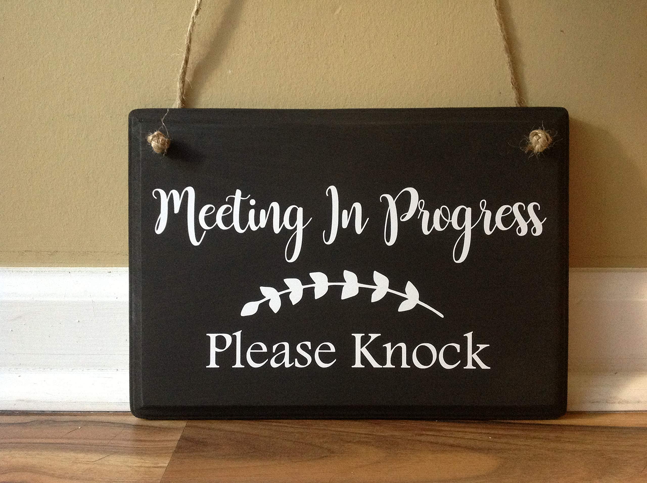 Meeting In Progress Please Knock Do Not Disturb Meeting In Progress Office Door Signage No soliciting black and white wood sign Board Room Conference Room Sign