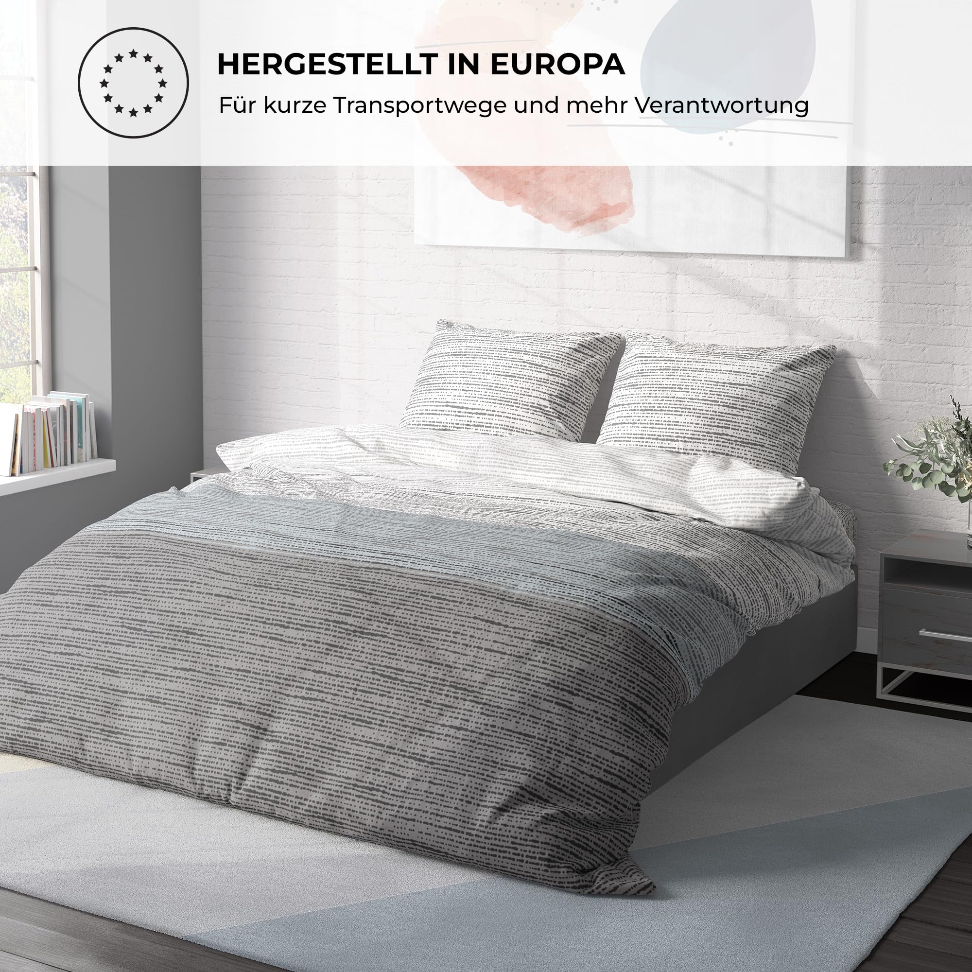 Juego de ropa de cama de 155 x 200 cm, 100 % algodón, transpirable, con cremallera, color gris/azul claro, 2 piezas, funda nórdica y funda de almohada de 80 x 80 cm