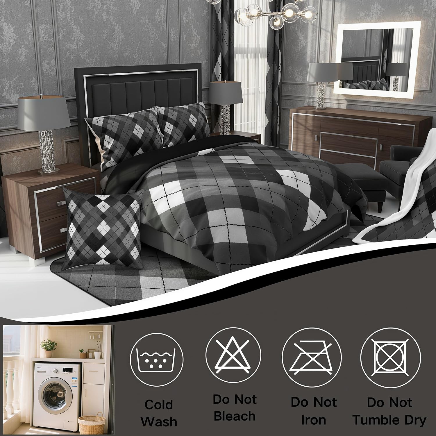 jejeloiu Black and White Plaid Twin Comforter Set with Sheets for Kids Adults Checkered Striped Classical Traditional Argyle 7 Pieces Bedding Set Vintage Aesthetic Geometric Bed in a Bag Lightweight