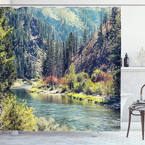 Miniatura 25 de Ambesonne Cortina de ducha hawaiana, diseño de hibisco hawaiano tropical, silueta de niña, tabla de surf, impresión de arte retro, juego de Fucsia