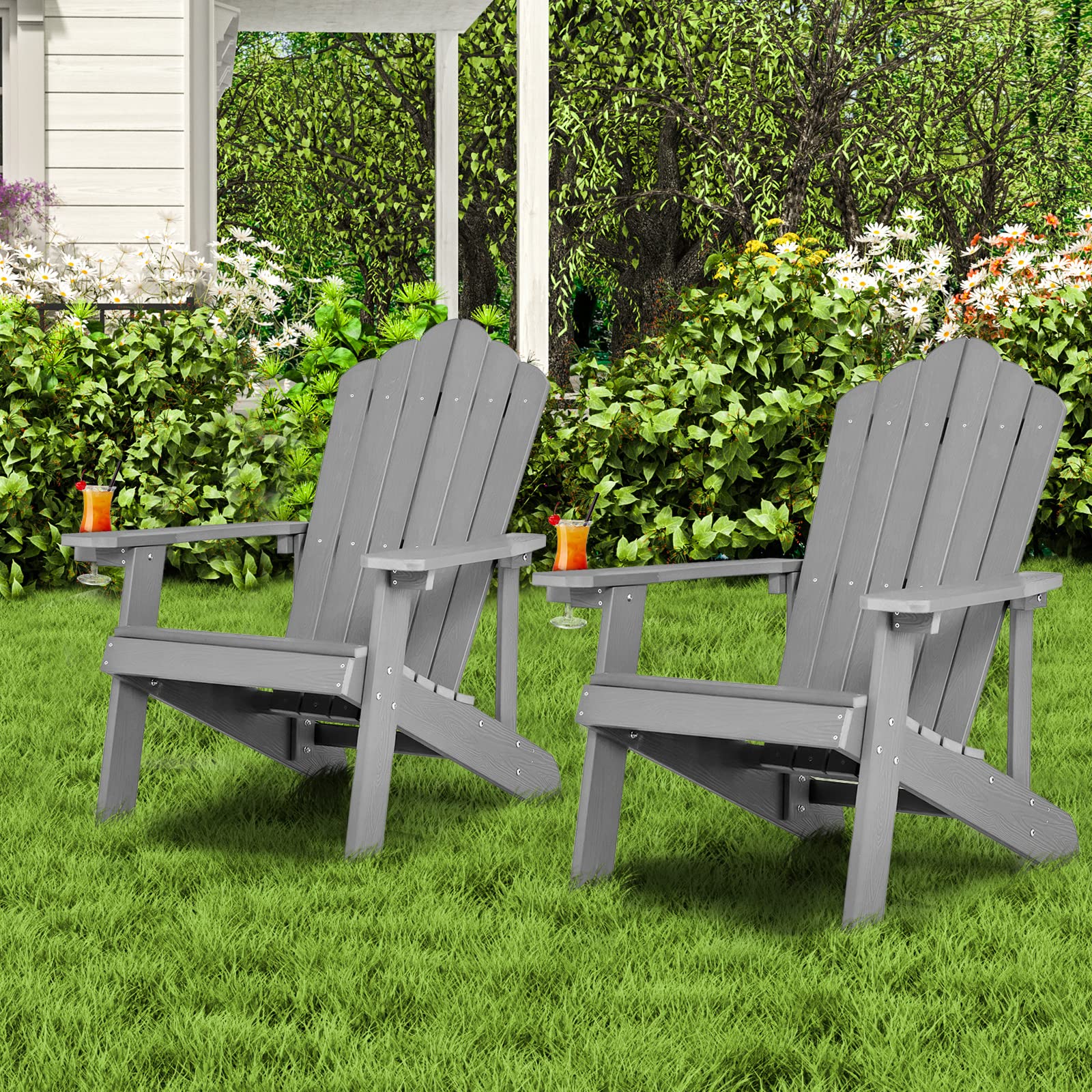 COSTWAY 2 Sillas Adirondack con Portavasos, Sillas para Hogueras, Resistente a la Intemperie, Grano de Madera Realista, Facíl de Montaje, Silla de Exterior para Patio, Jardín, Terraza (GIRS,2)