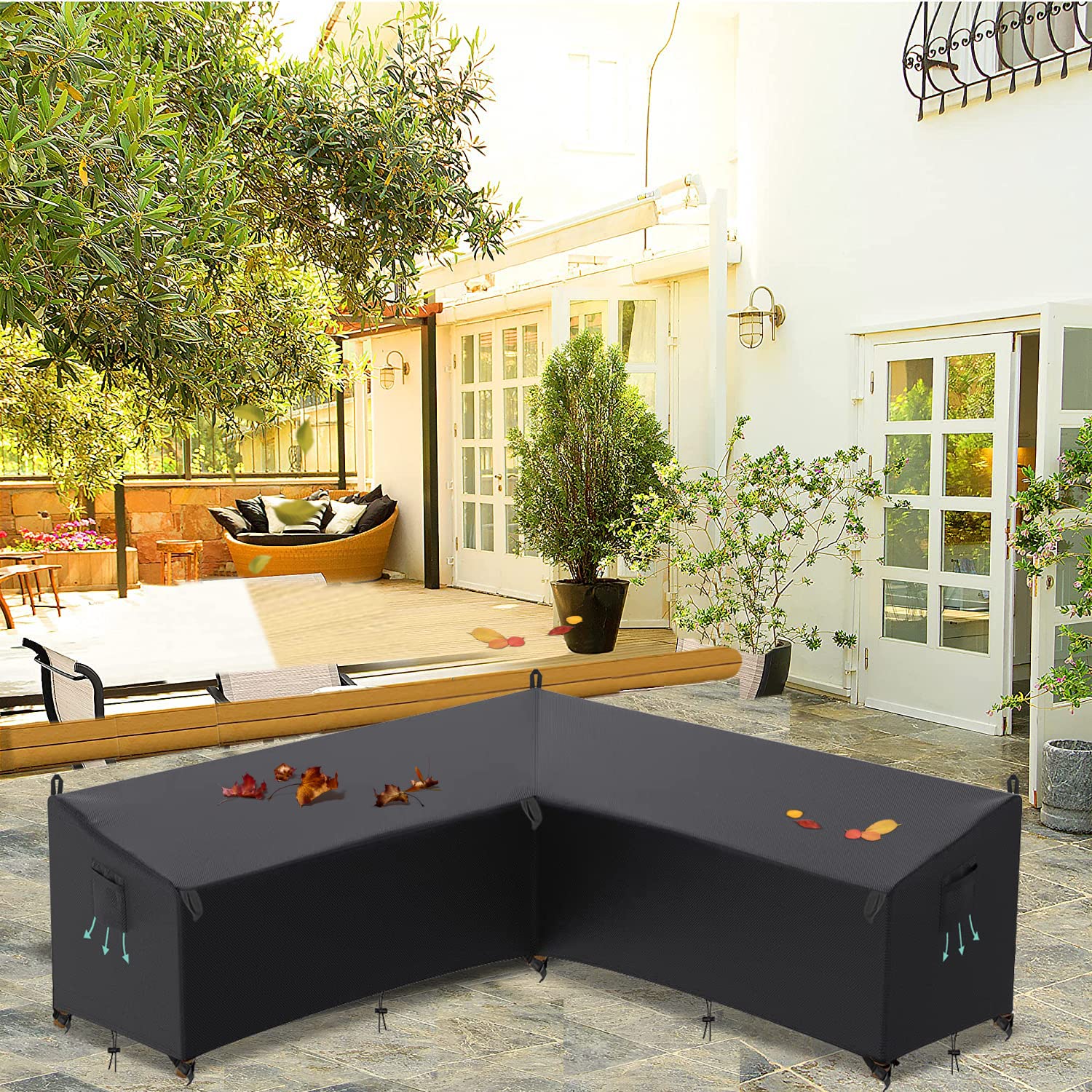 Pokrowiec na Meble Ogrodowe w Kształcie Litery L Wodoodporny i Wiatroszczelny Anty UV Pokrowiec na Narożnik Sofy 420D Tkanina Oxford (Czarny 215x215x85x71cm)