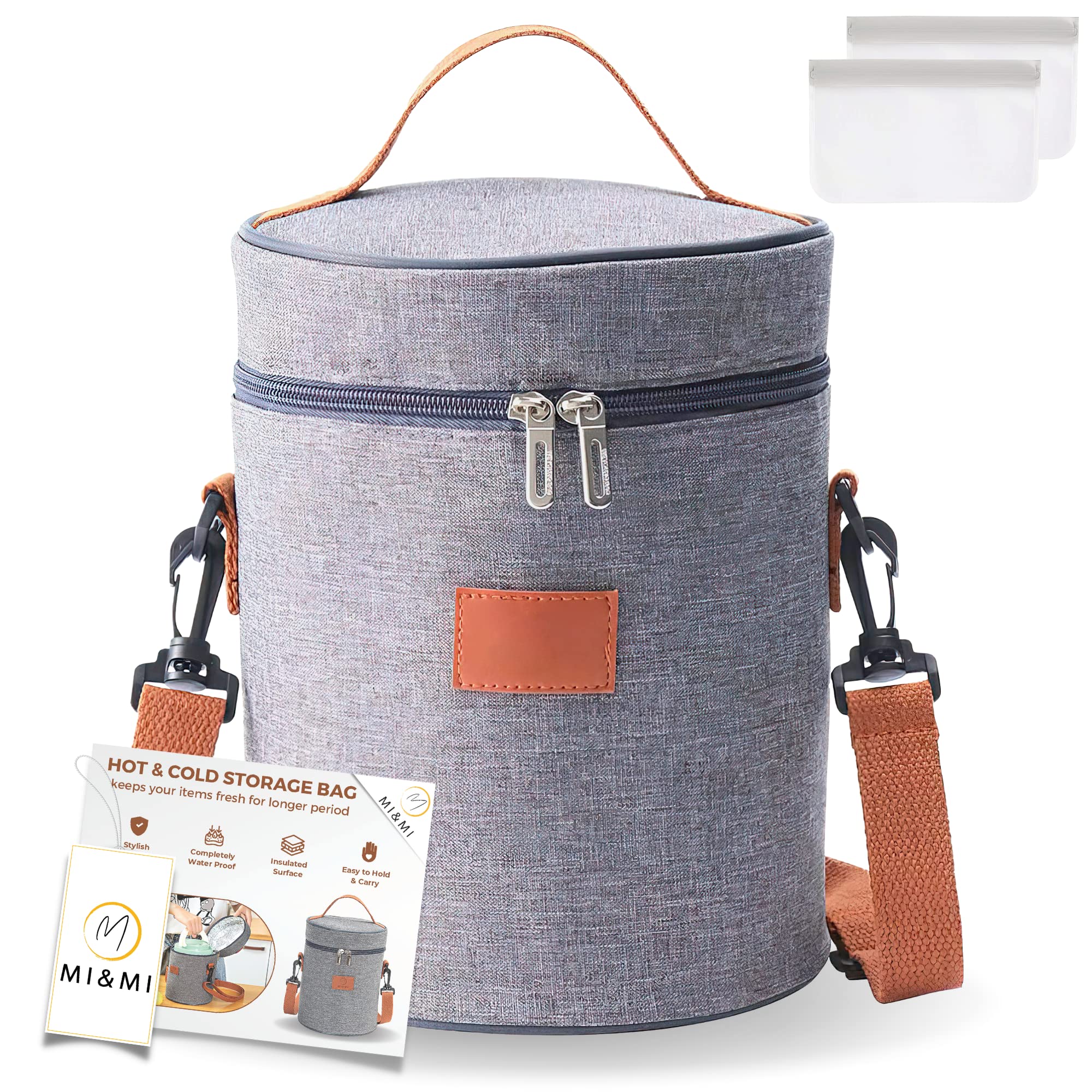 Mi&Mi Lunch Box Bag for Men & Women, Large Insulated Lunch Tote w/Handle + 2 Pcs of Food Fresh-Keeping Bag, Lunch Box for Work, School, Picnic, Travel, w/Shoulder Strap & Sturdy Hand Carriage (Grey)