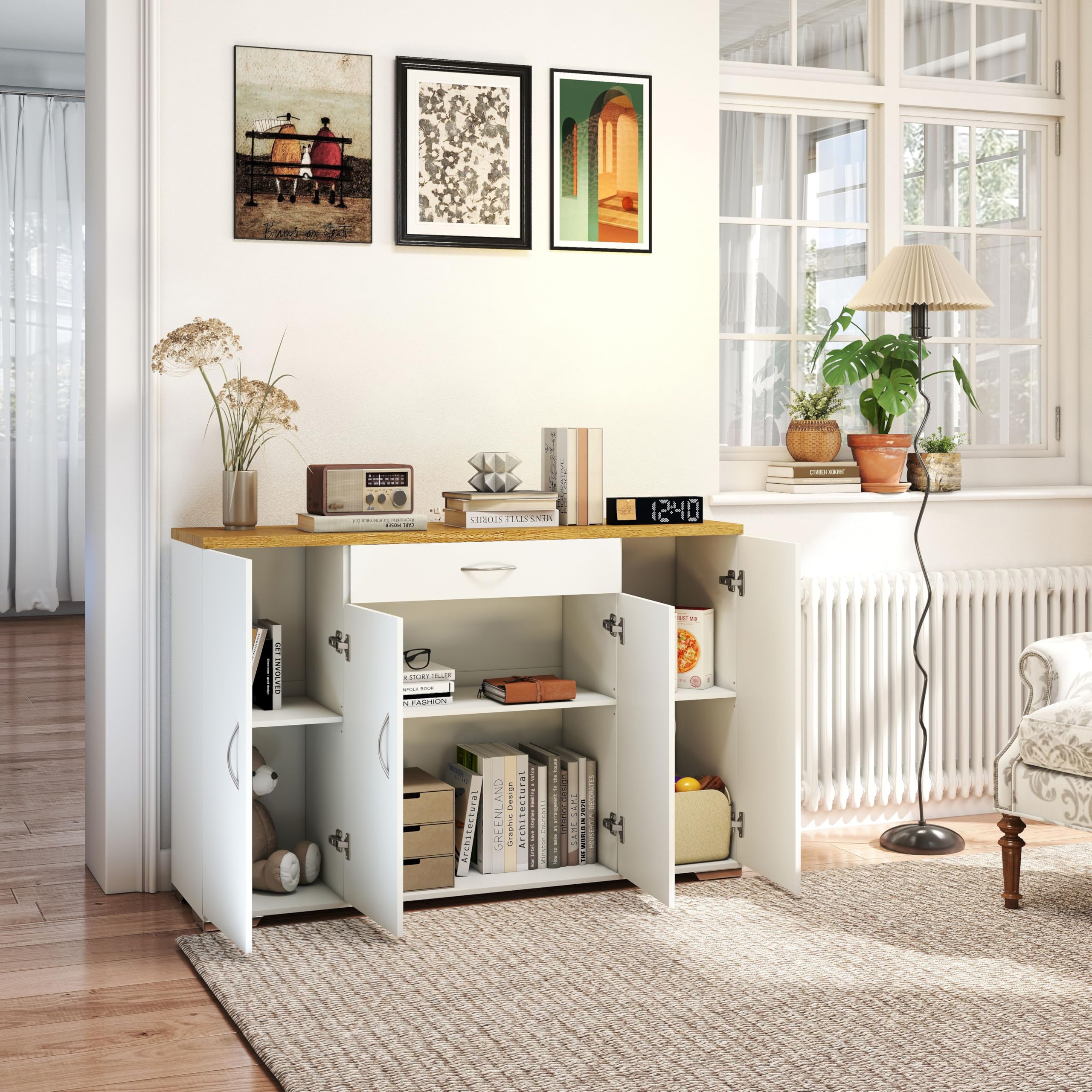 Komodenschrank für Schlafzimmer 110cm Breit Kommode Eiche&Weiß mit Schubladen&Türen, Nachtkasten Schubladenkommode Kommode & Sideboard Weiss für Büro Wohnzimmer Schlafzimmer Flur/110x30x73CM