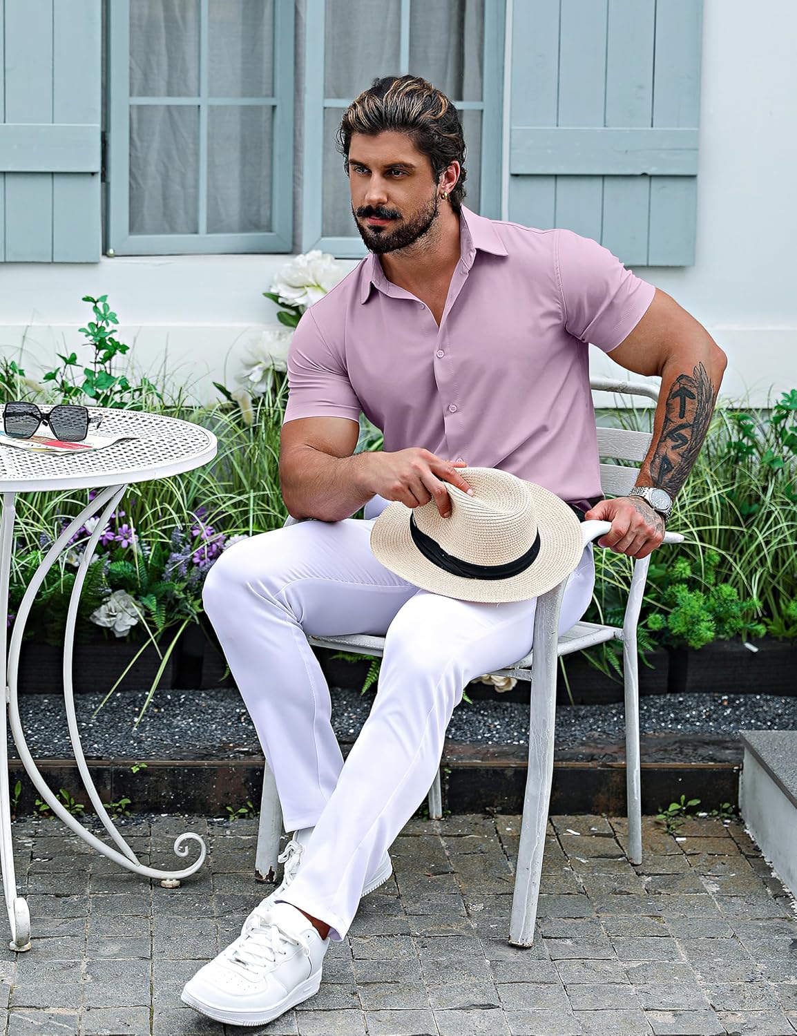 URRU Men's Muscle Dress Shirts Slim Fit Stretch Short Sleeve Casual Button Down Shirts for Men - Image 4