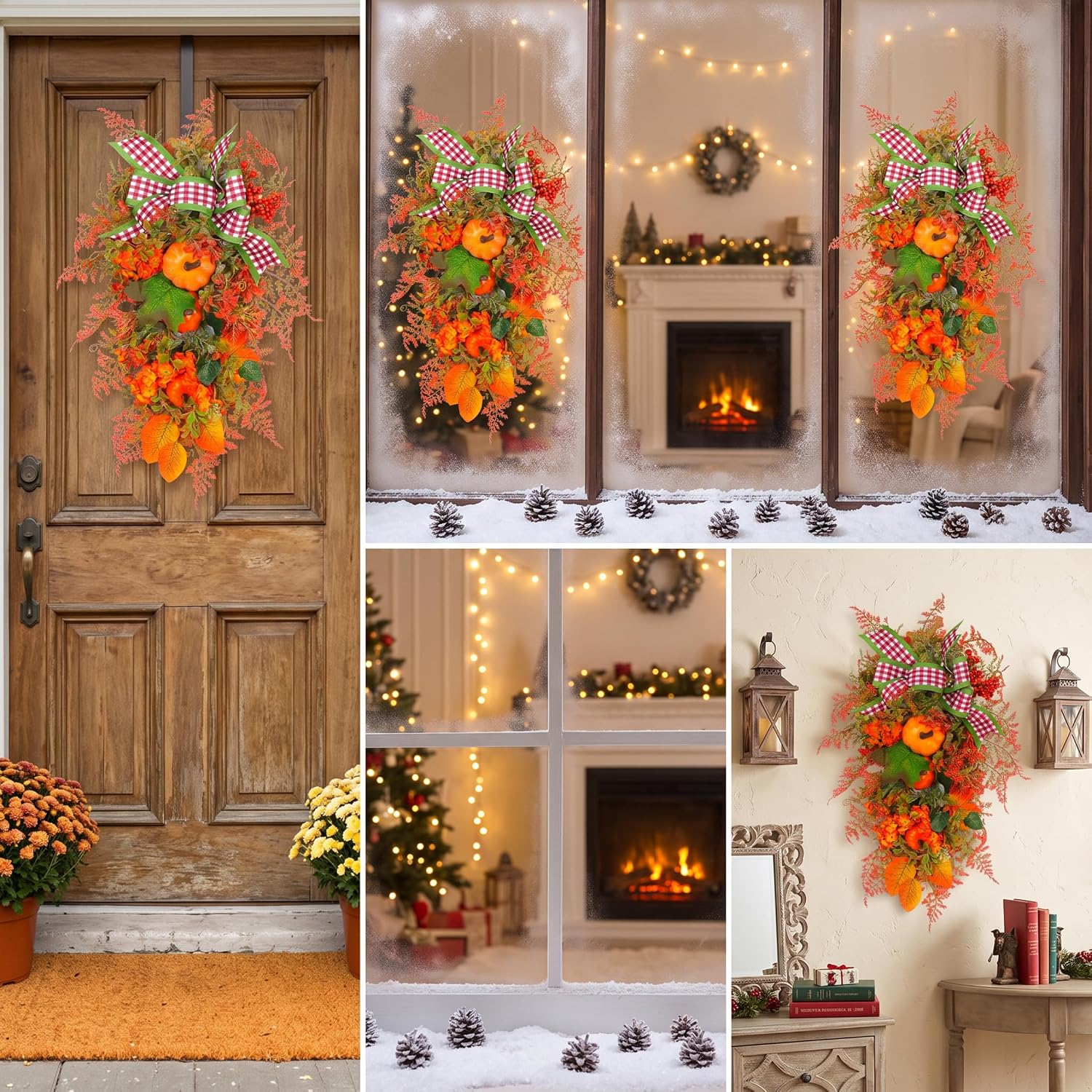Fall Swag for Front Door Easy Hanging Upside-Down Christmas Wreath