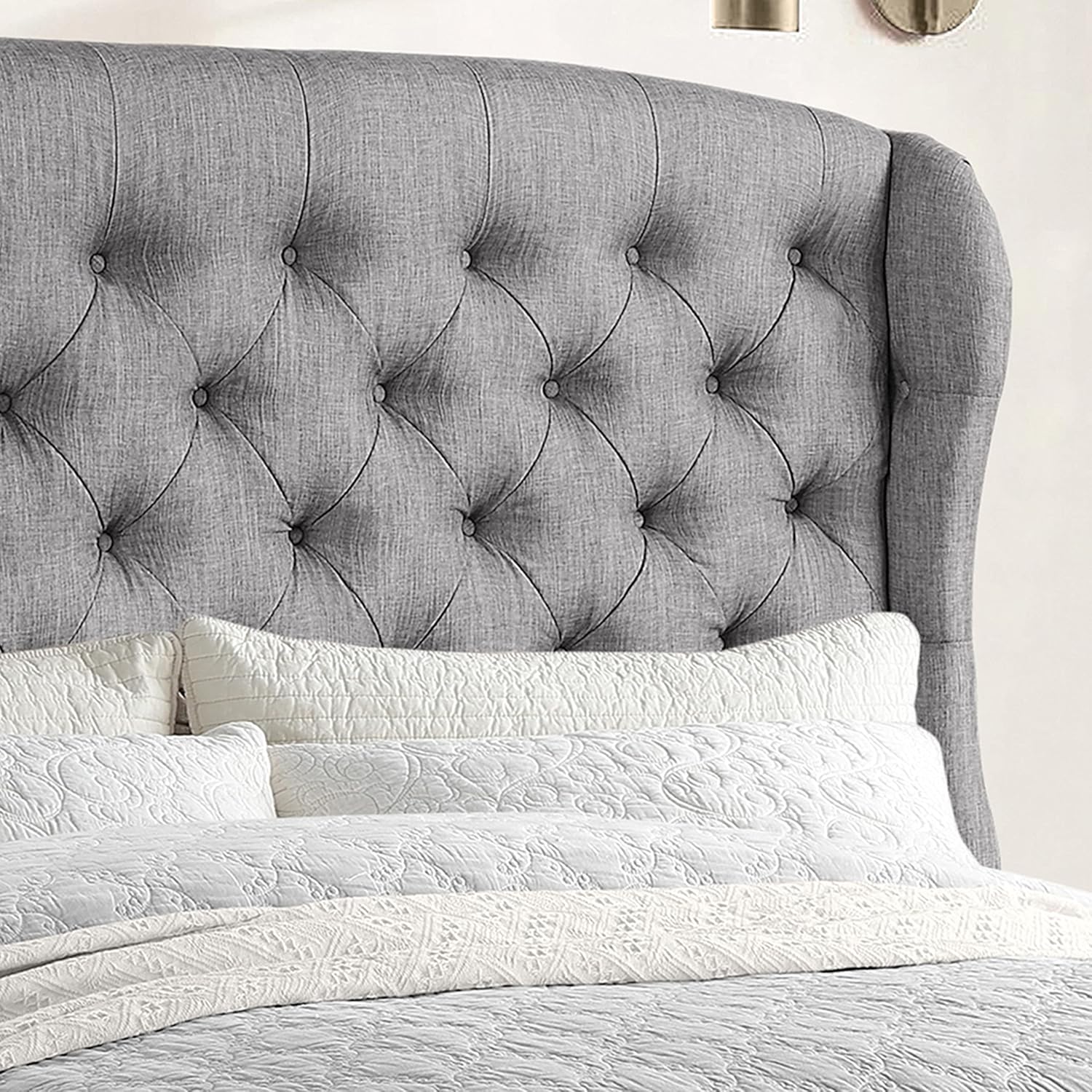 Rosevera Issac Bed with Signature Design Adjustable Headboard and Button Tufting Bed Frame,King,Textile Gray