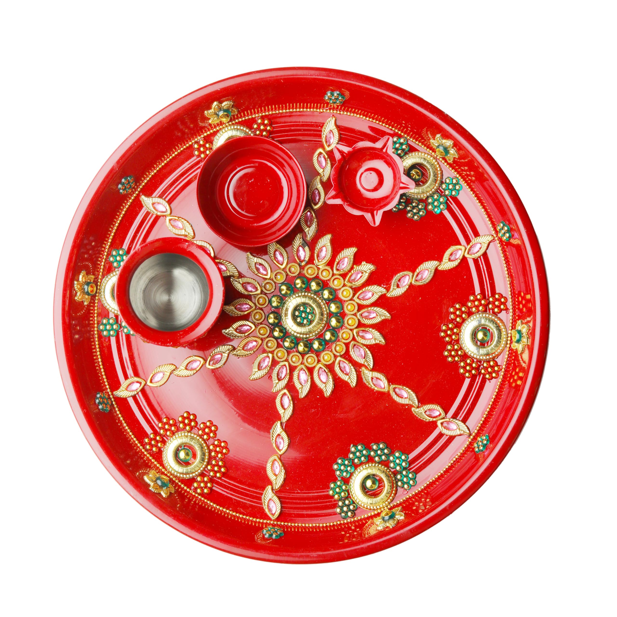 Karwa Chauth Red Pooja Thali talerz ręcznie wykonany talerz dekoracyjny stalowy Thali z dużą ilością niezbędnych artykułów dołączonych do rytuałów Aarti Pooja dekoracje Diwali (rozmiar Thali - 25