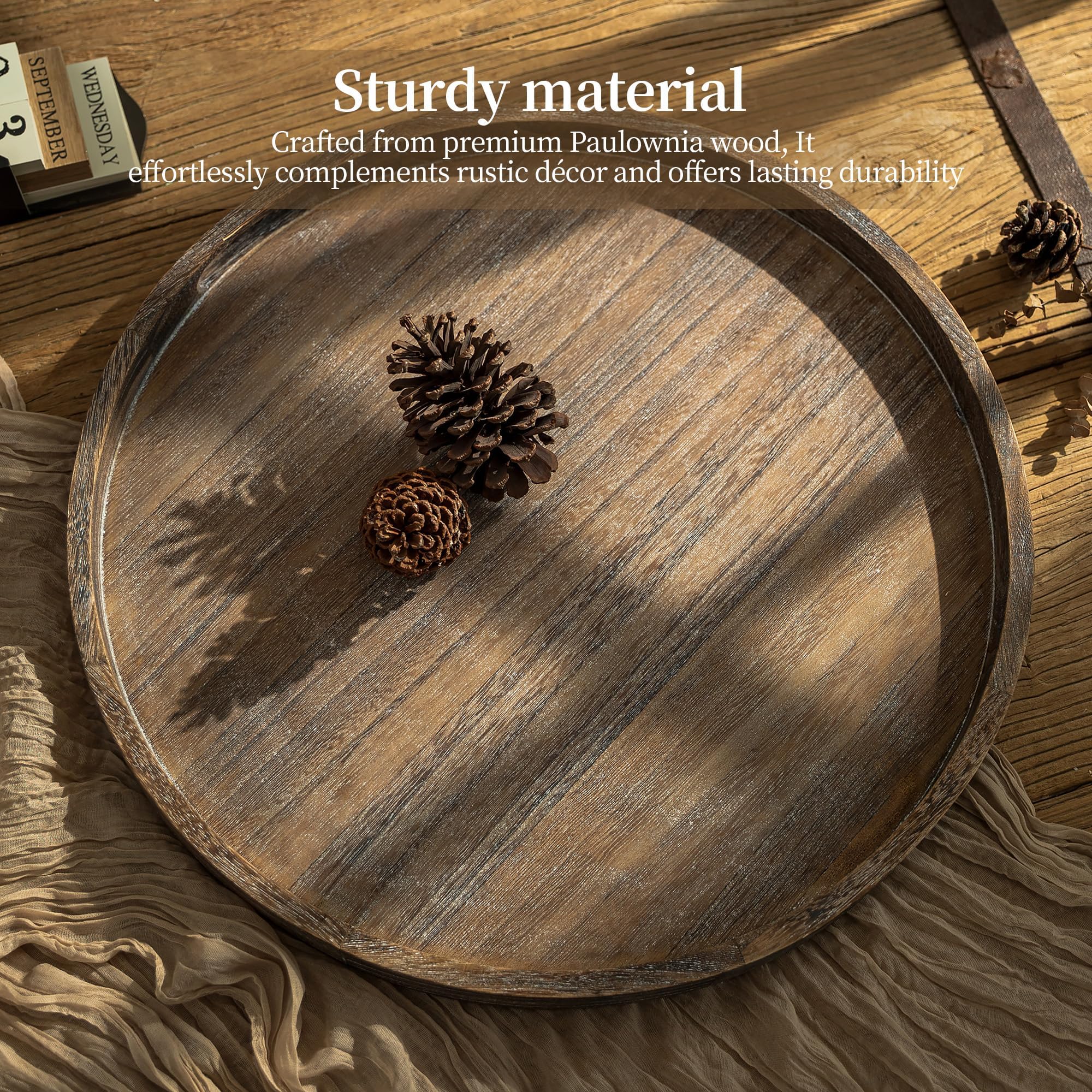 Hanobe Bandeja otomana decorativa de madera para sala de estar con asas, 22 pulgadas | Bandeja grande para mesa de café rústica redonda para decoración del hogar
