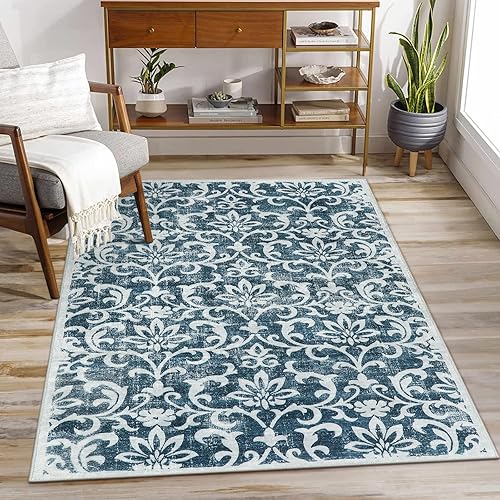 Morebes Alfombras vintage lavables de 3 x 5 pies, alfombras florales azules para dormitorio, antideslizantes, suaves y de pelo bajo, alfombra