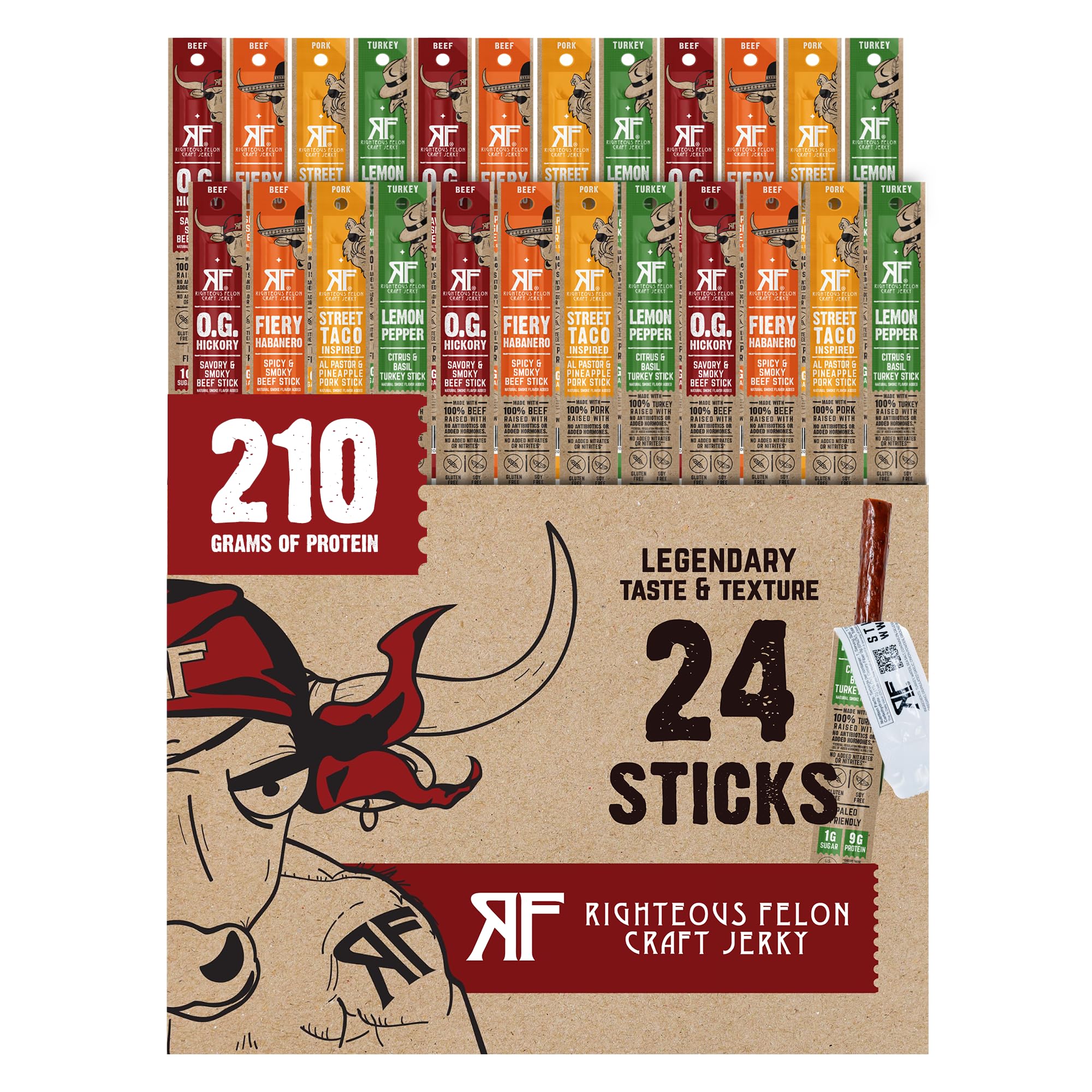 Righteous Felon Meat Sticks Variety Pack | Healthy Snack for Adults | Gluten Free & Keto Meat Sticks | Low Sugar & High Protein | Turkey, Pork, Beef Sticks | Jerky Gifts for Men | 24 Pack