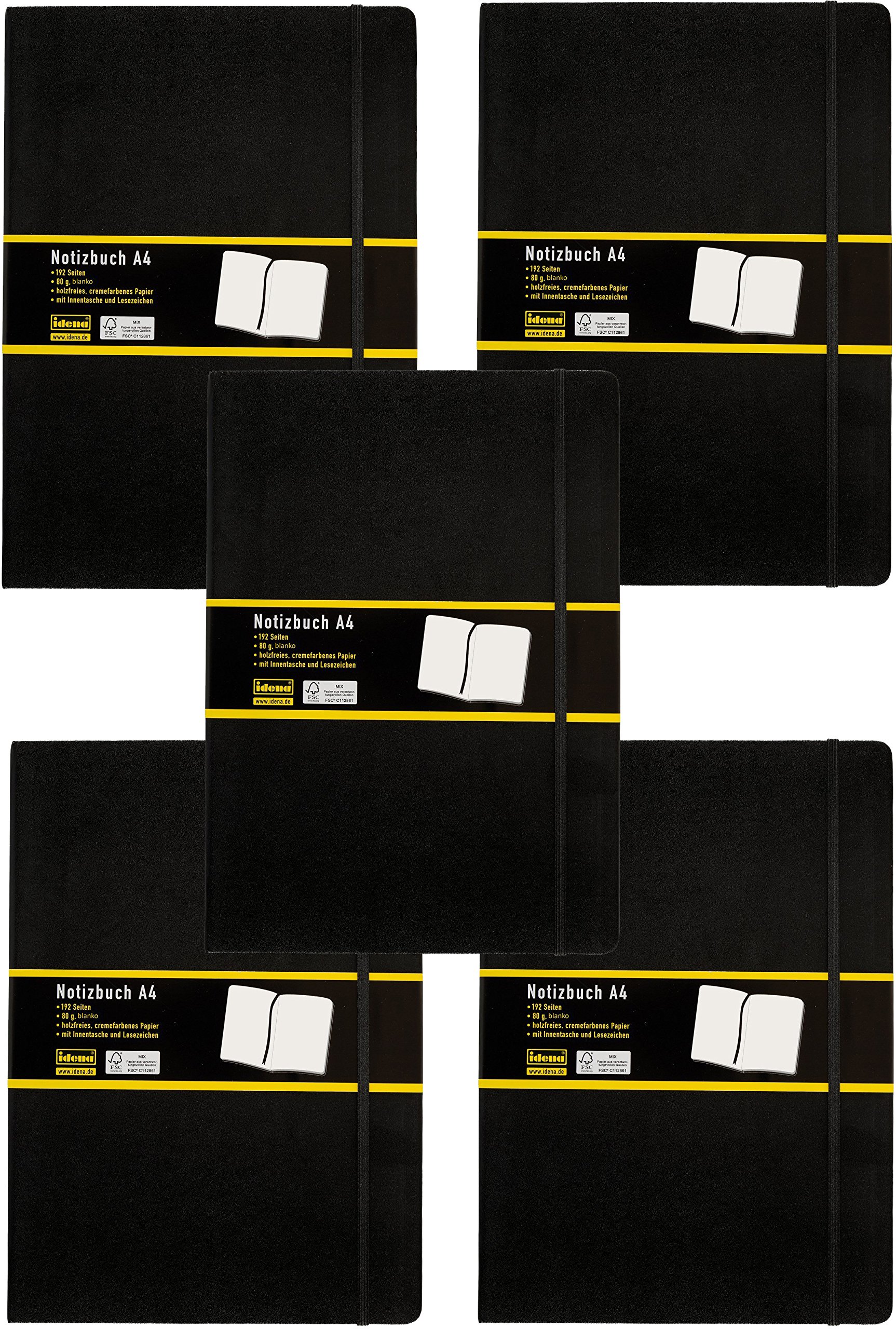 Idena 10053 - Notizbuch DIN A4, 192 Seiten, 80 g/m², blanko, schwarz (5er Pack)