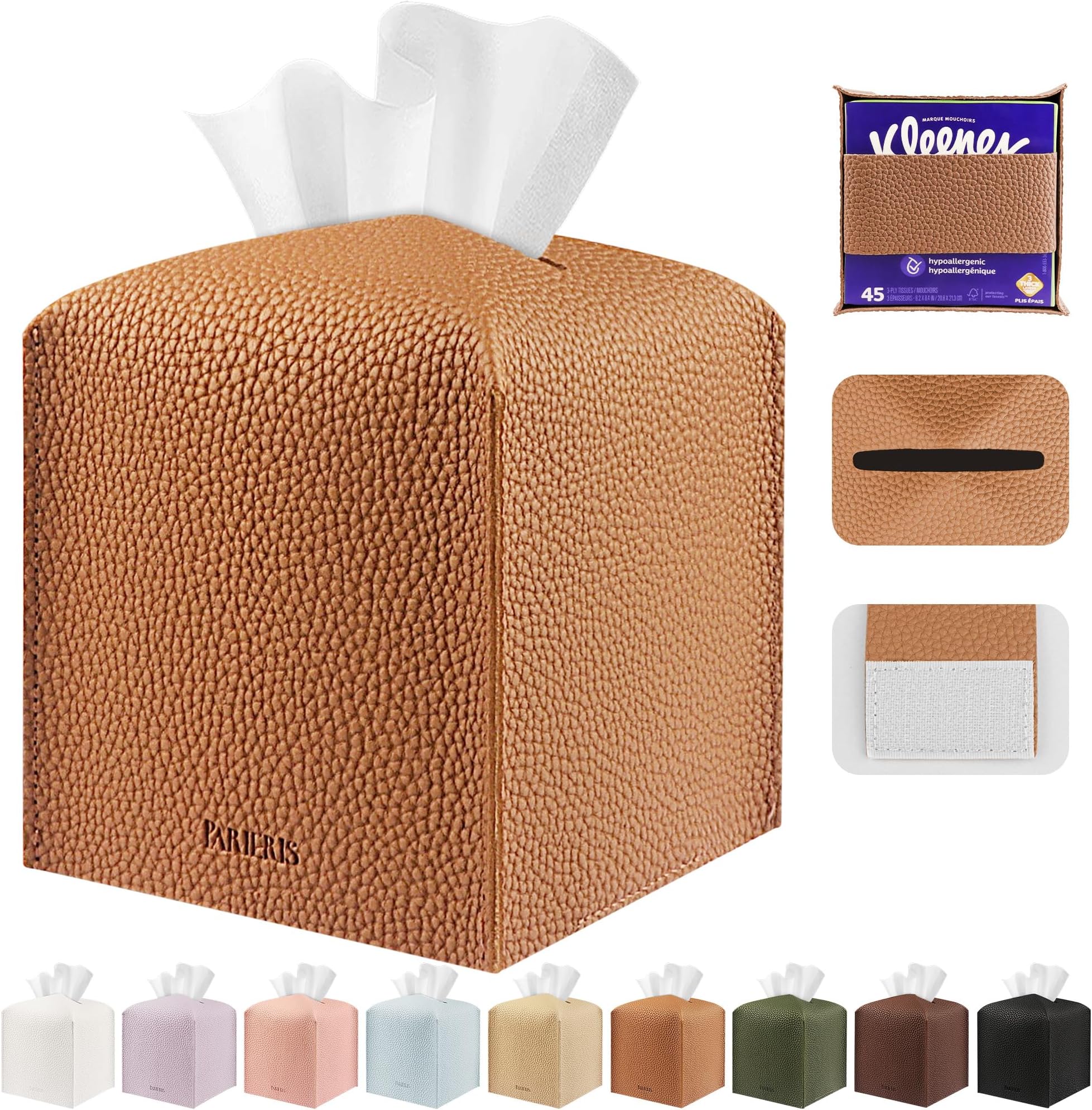 Tissue Box Cover Holder Square Tissue Cube Cover PU Leather Tissue Organizer with Bottom Belt for Bathroom, Tabletop, Car, Night Stands, Office, Home, Kitchen (1, Brown)