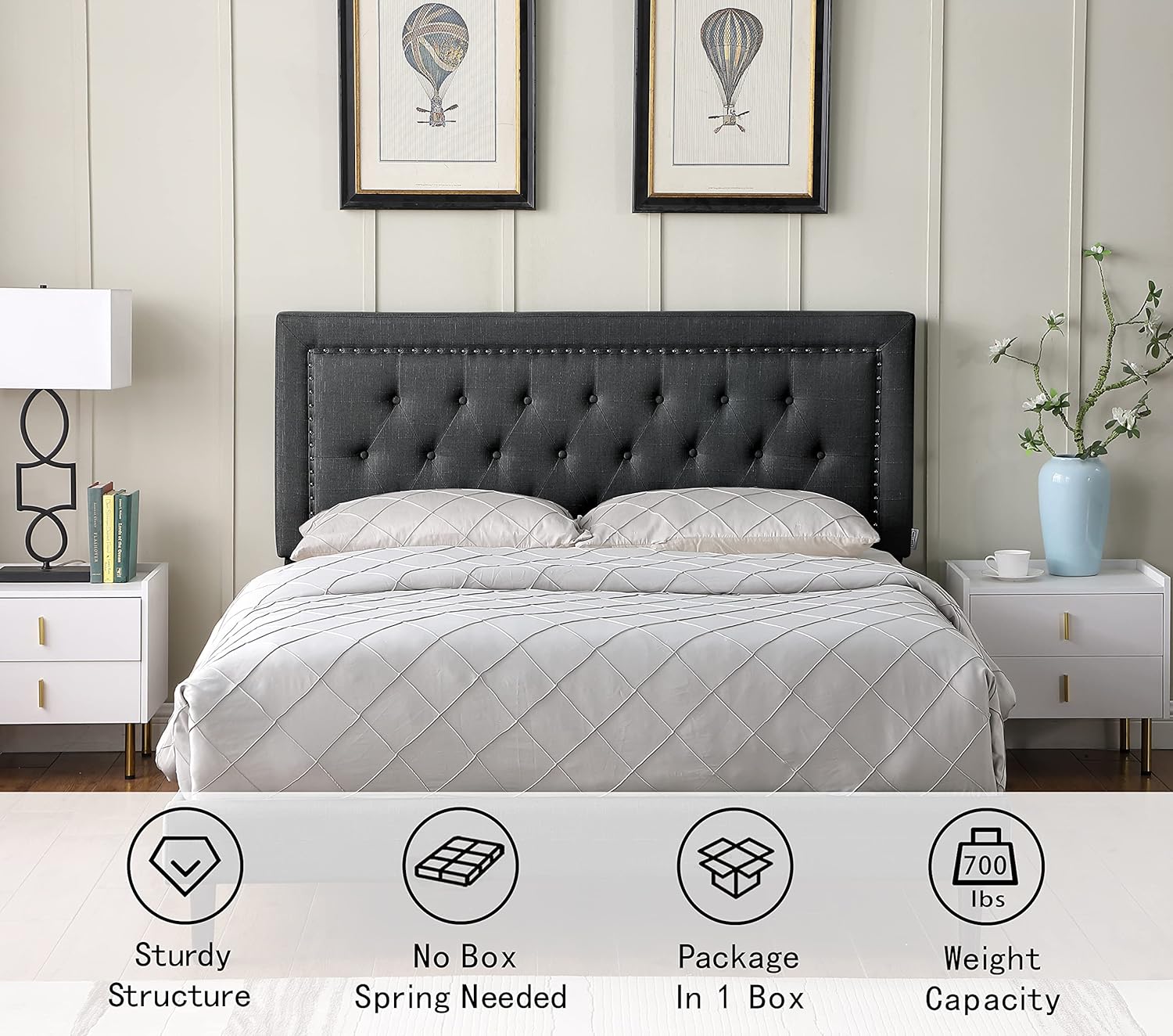 Full Upholstered Platform Bed Frame with 48" Tall Adjustable Headboard - Button Tufted Linen Velour Bed - Wood Slat Support with Storage Space - No Box Spring Needed - Black - Oliver & Smith - Berlin