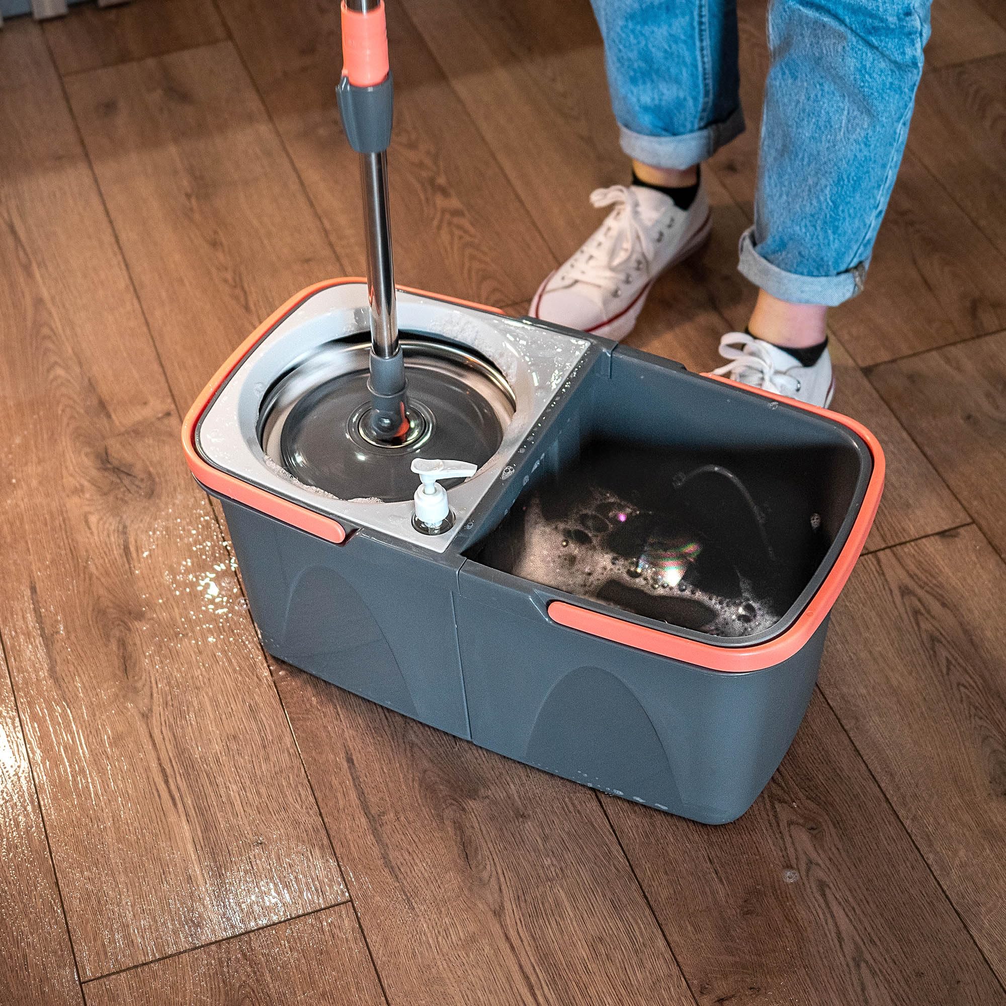 KADAX Balai serpillère rotatif avec fonction essorage, serpillère avec seau à double chambre, serpillère à manche télescopique, serpillère avec seau