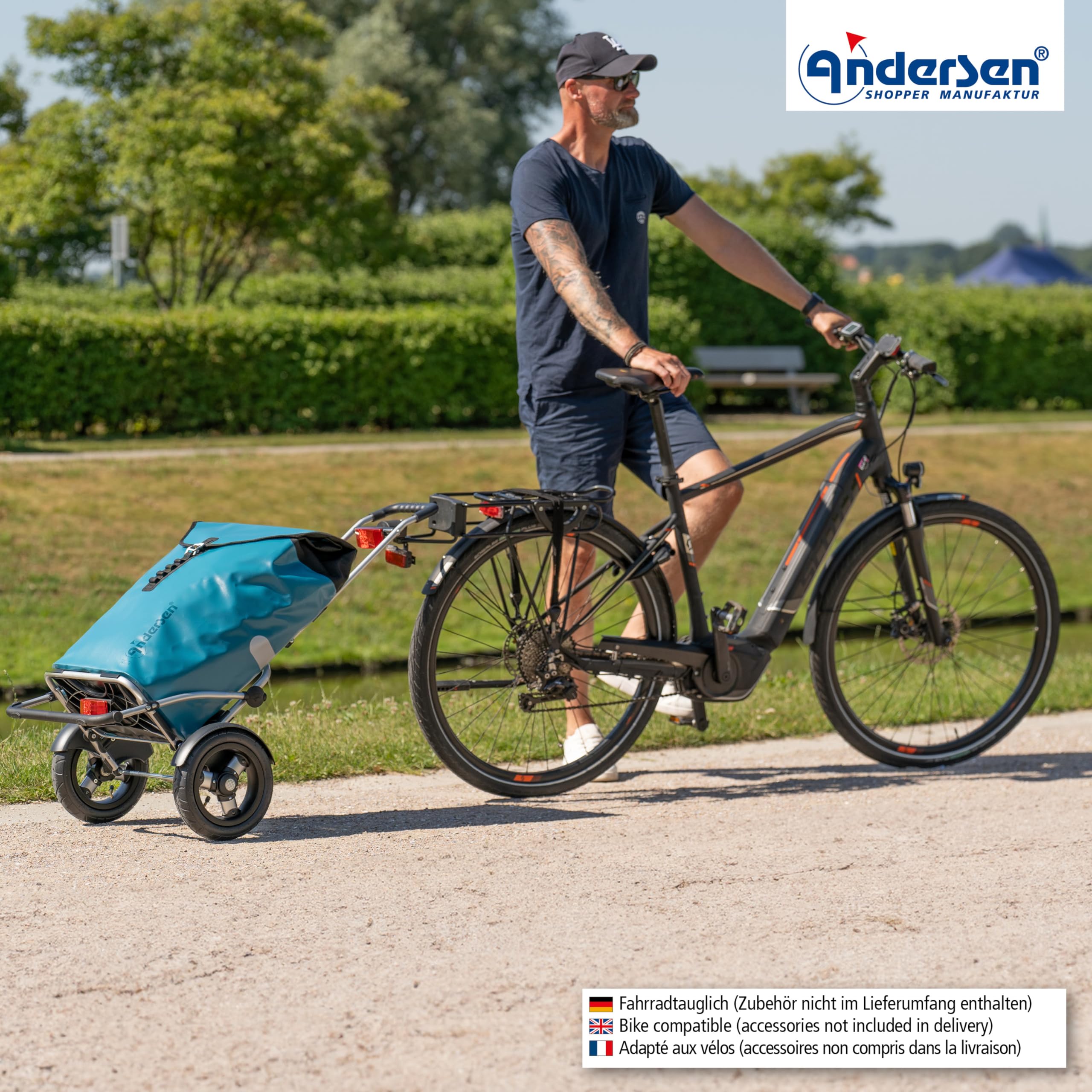 ANDERSEN Einkaufstrolley - Royal Sh. Plus Ortlieb Petrol | Fahrradanhänger, Luftbereifung, aus Alu, bis 50 kg - Tasche verschweißt, wasserdicht, Innenfach, 49 L