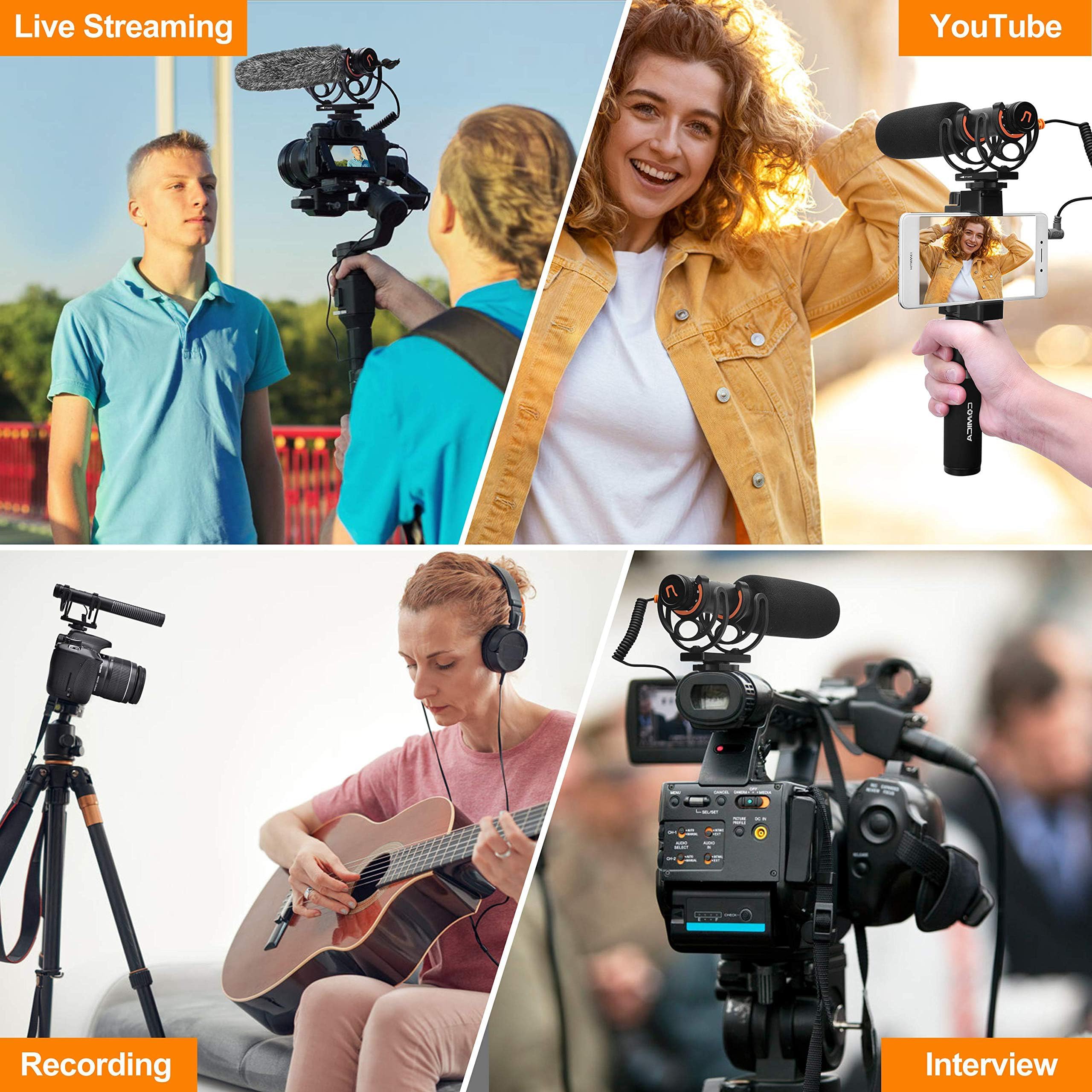 COMICA VM20 Microphone Directionnel Shotgun Vidéo Micro Super-Cardioïde à Condensateur avec Câbles 3,5 mm TRRS & TRS pour Smartphone, DSLR Caméra, Caméscope(avec écran OLED)