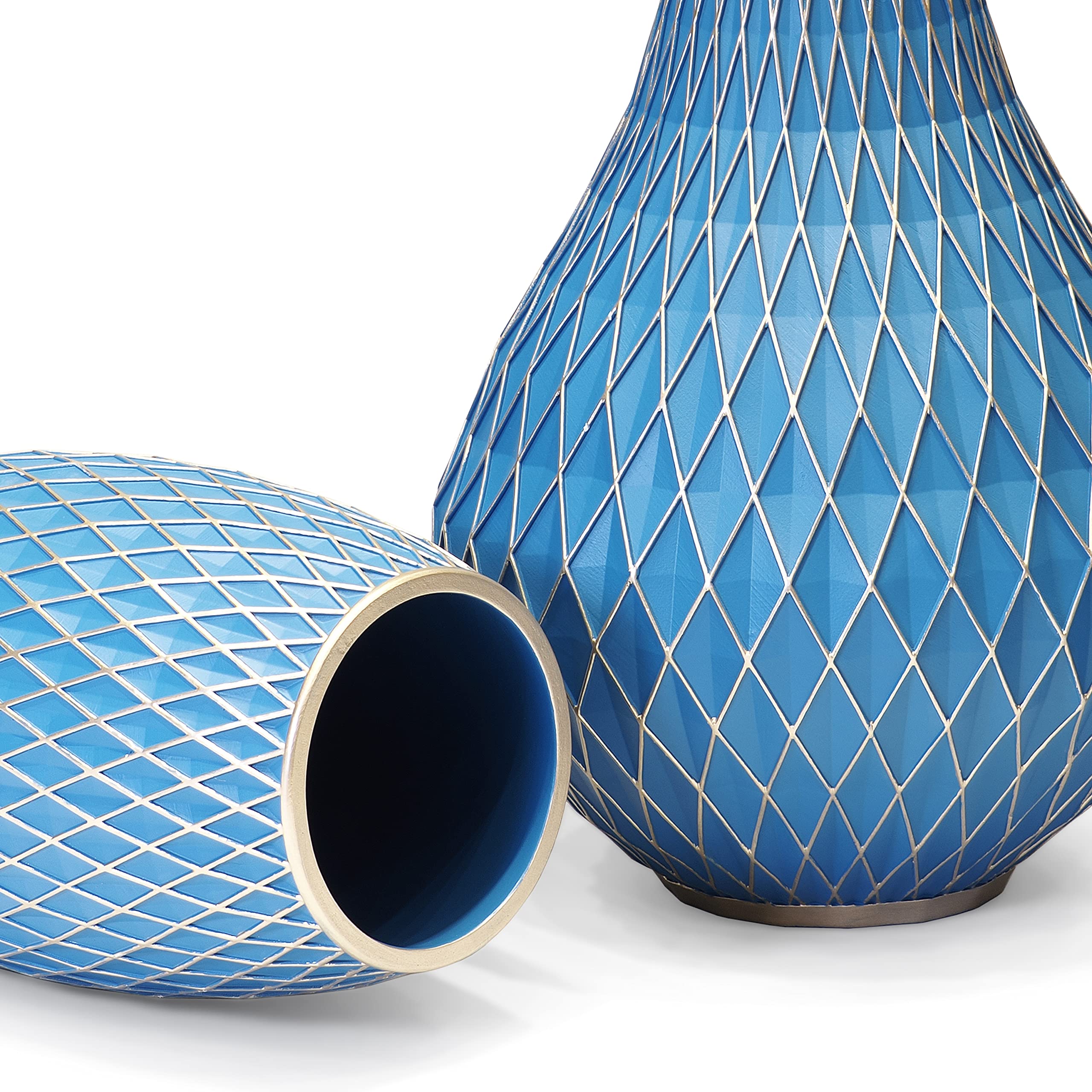 Dekorative Blumenvase, Blau und Gold Vase, Heimdekoration, Einweihungsgeschenk, mit Diamantmuster, breiter Basis und schmalem Hals, für Wohnzimmer Deko, Esszimmer, Flur, Schlafzimmer