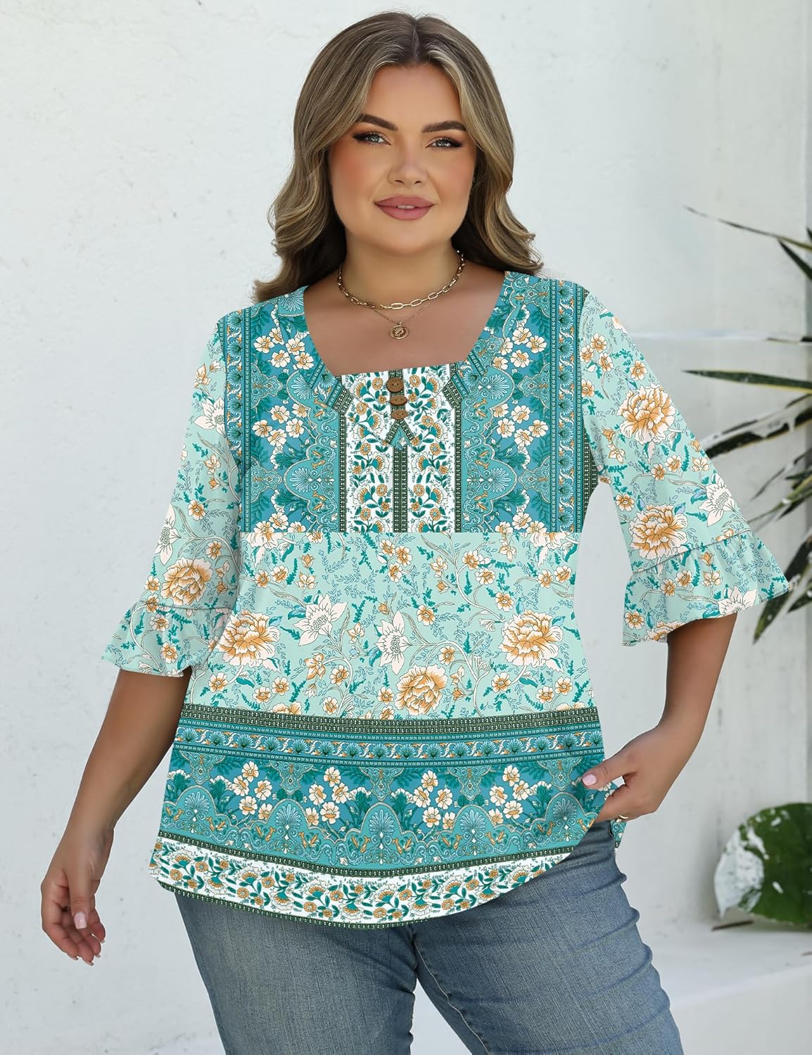 TFSDOD Womens Plus Size 3/4 Ruffle Sleeve Tunic Tops V Neck Pleated Dressy Casual Shirts Floral Print Blouses (1XL-5XL) - Image 5