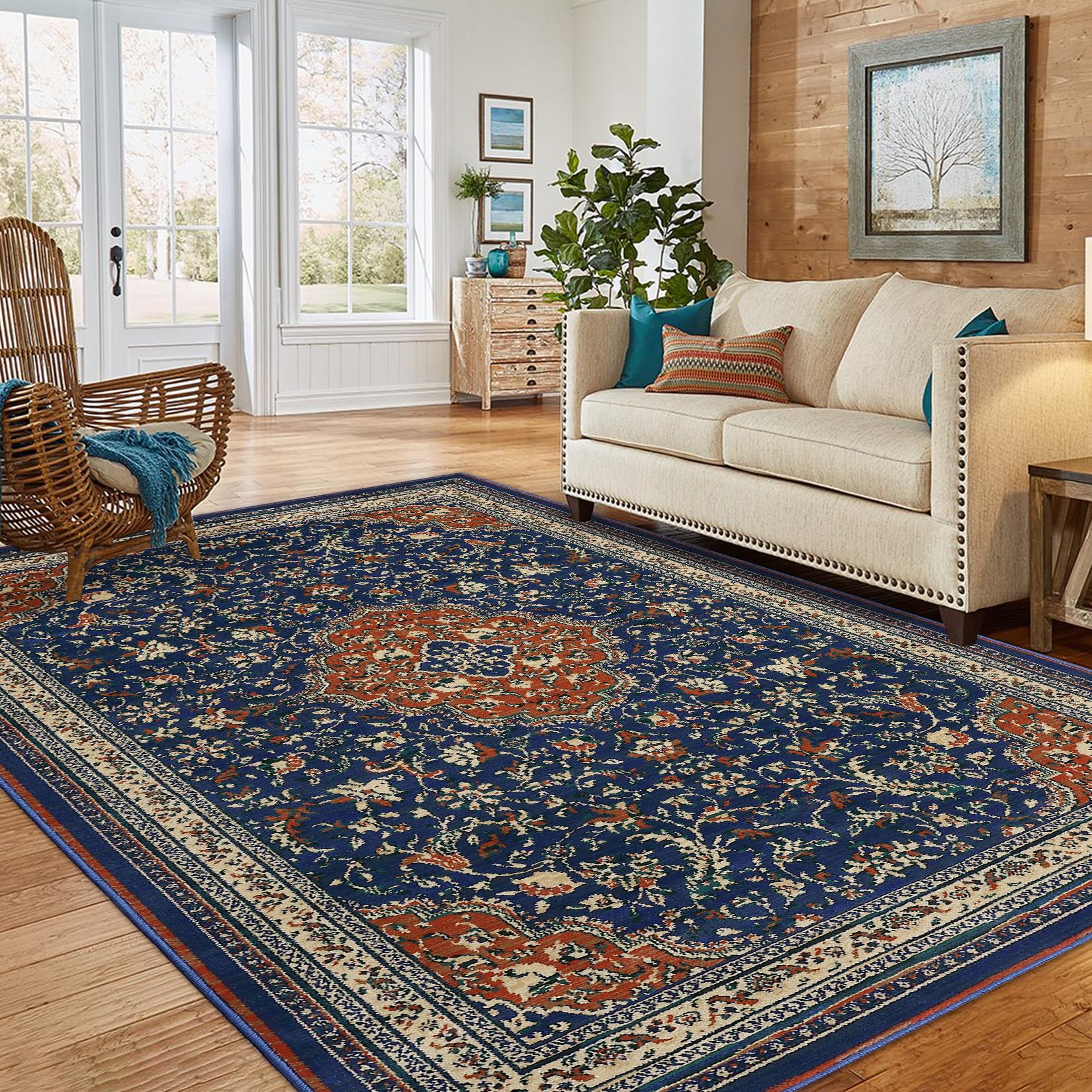 DYTesa 8'x10' Washable Area Rugs, Floral Print Accent Mat, Vintage Traditional Floor Cover, Indoor Non-Slip Carpet for Living Room, Bedroom, Bathroom, Office