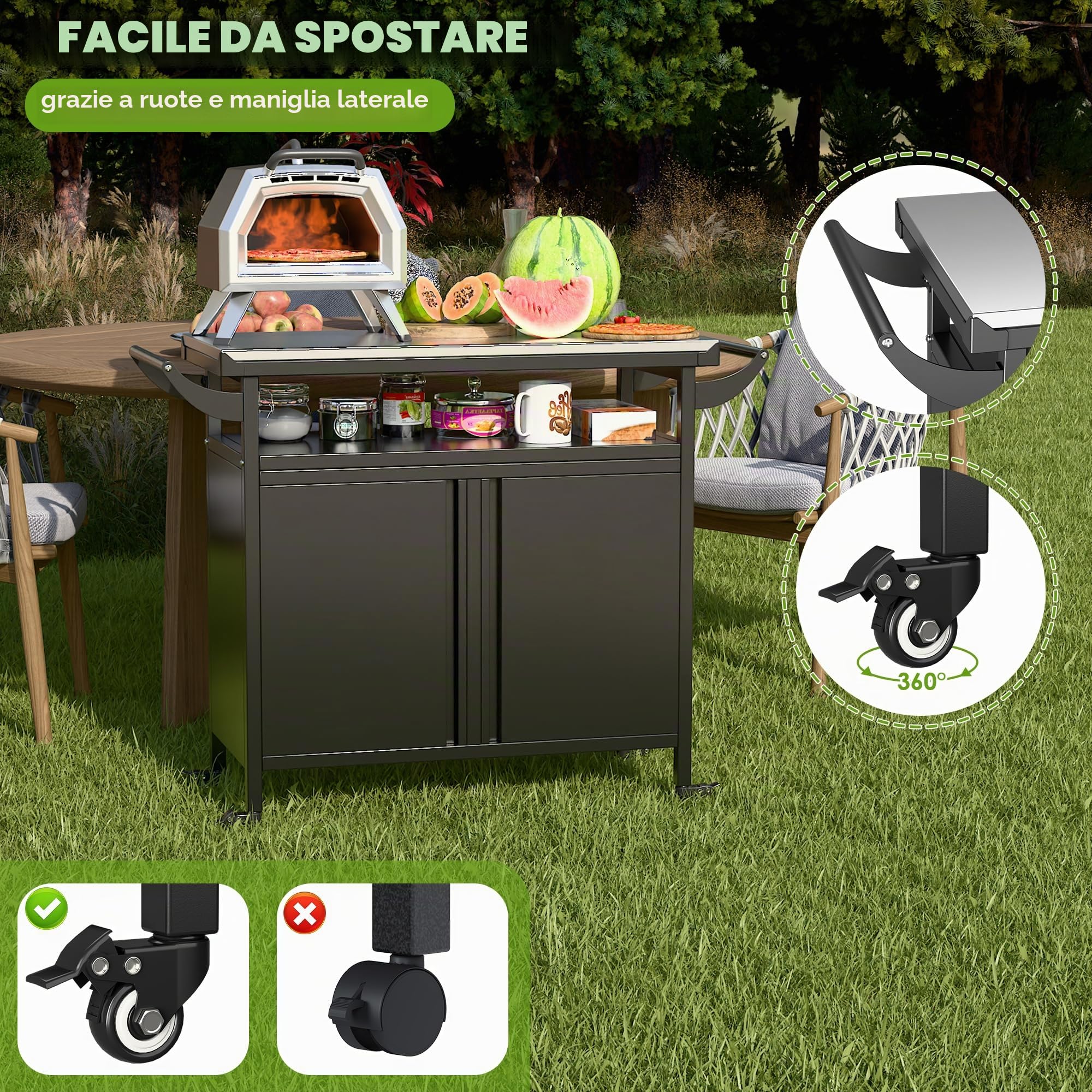 SUPEER Carrello per barbecue, tavolo per pizza con 4 ruote, 304 piani in acciaio inox, carrello per barbecue, carrello da servizio all'aperto, trolley da giardino