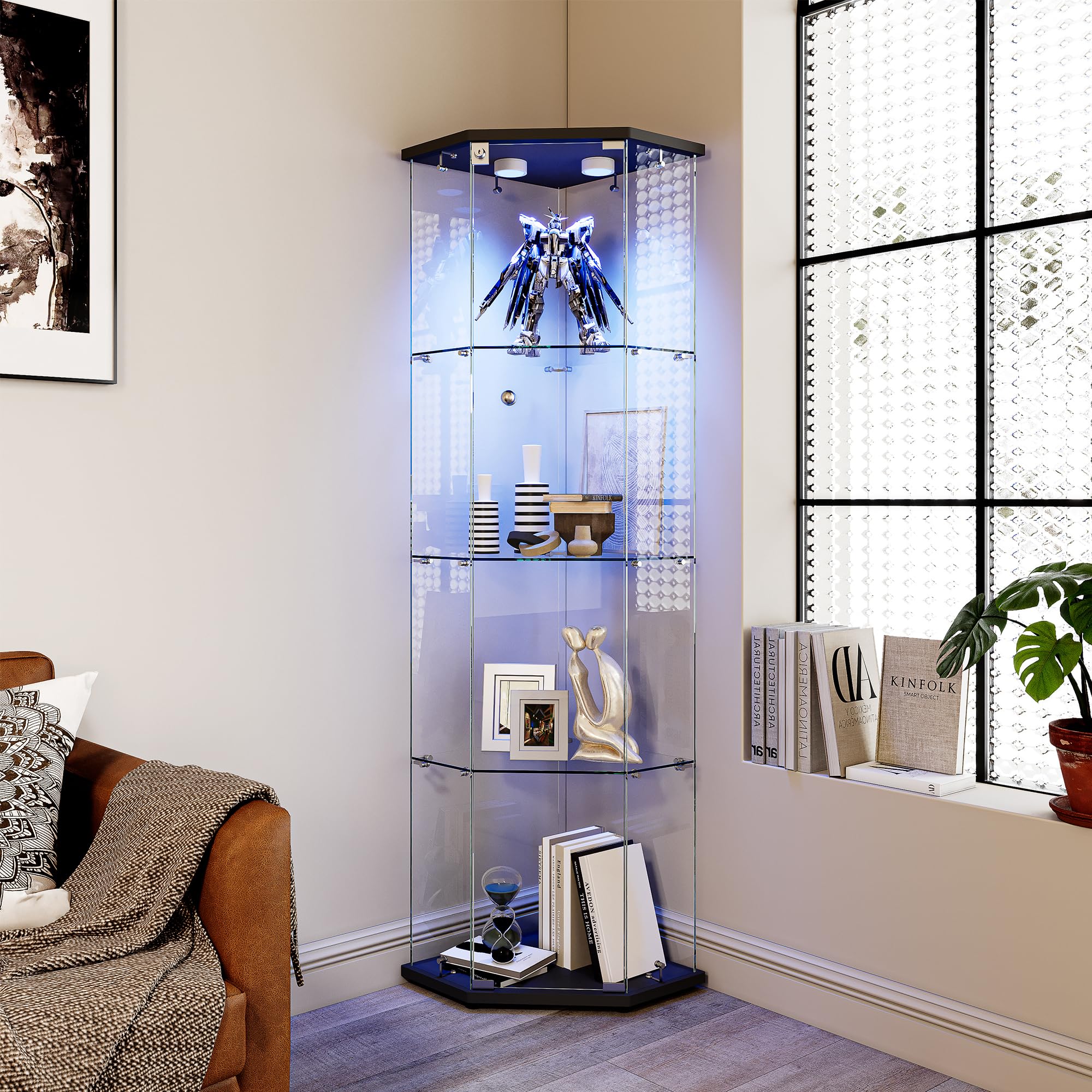 Vetrina Angolare in Vetro con illuminazione a LED, Espositiva Vetrina a 4 Strati da Collezione con Serratura, per Oggetti da Collezione, Libri, 4 Ripiani 1 Ante, Nero A
