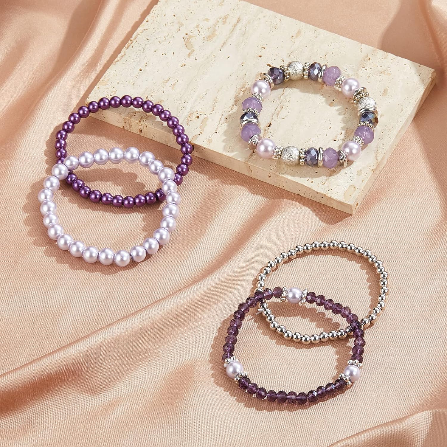 Noessla Beaded Pearl Stretch Bracelet Silver Stackable Crystal Beads Bracelets Trendy Costume Jewelry Mothers Day Gifts for Women - Image 6