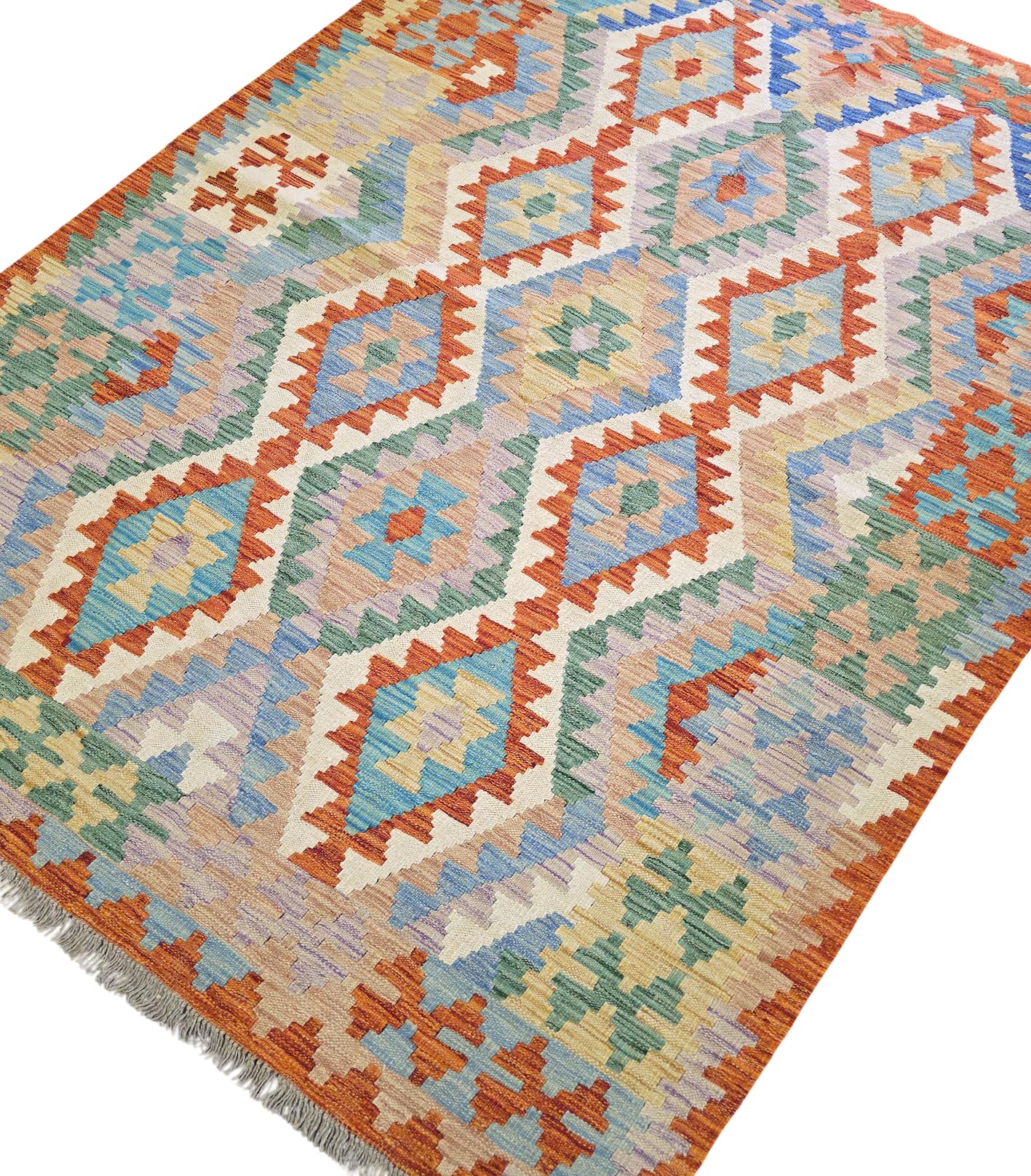 Frog Green & Multi Hand Woven Afghan Kilim Rug - 202 x 150cm