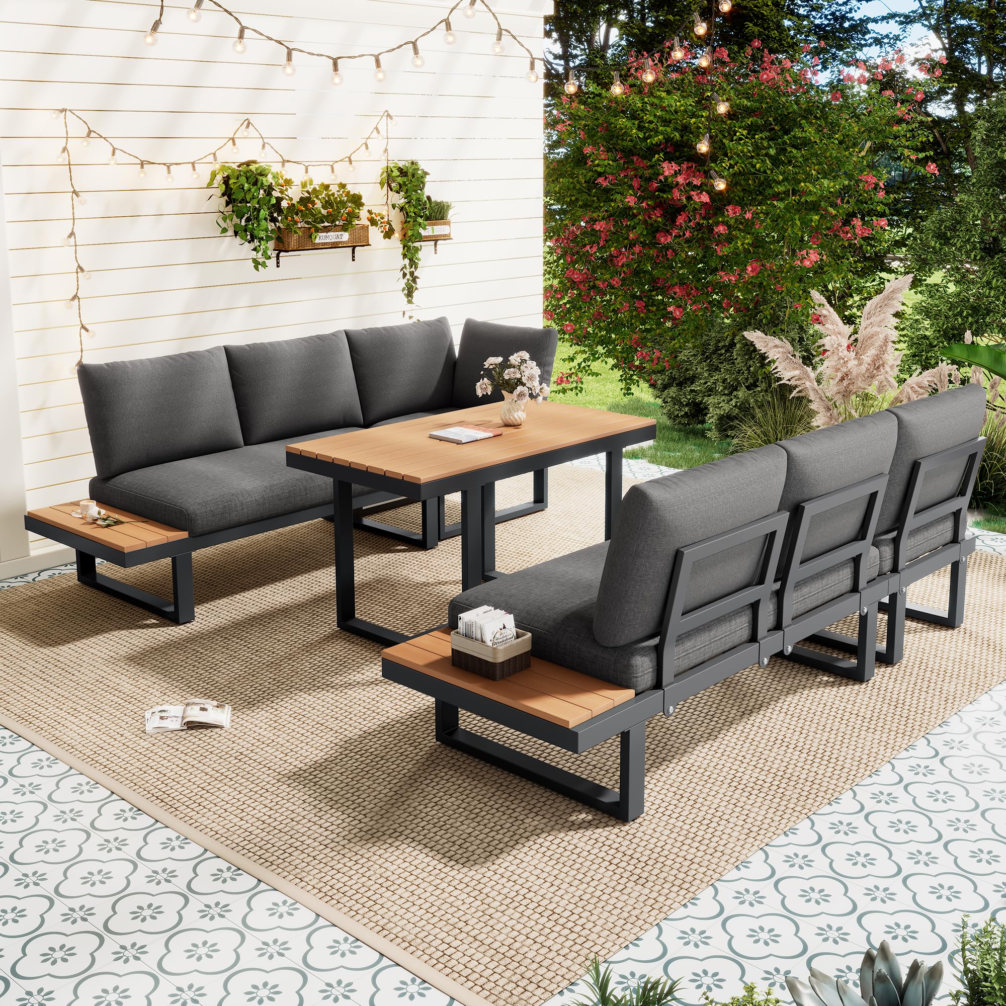 Salon de Jardin Exterieur 6/8 Personnes avec Fonction d'inclinaison Réglable(5 Positions, Jusqu'à 55°), Canapé d'angle Jardin Exterieur avec Plateau en Bois, 1 Table de Jardin Basses, Noir et Gris