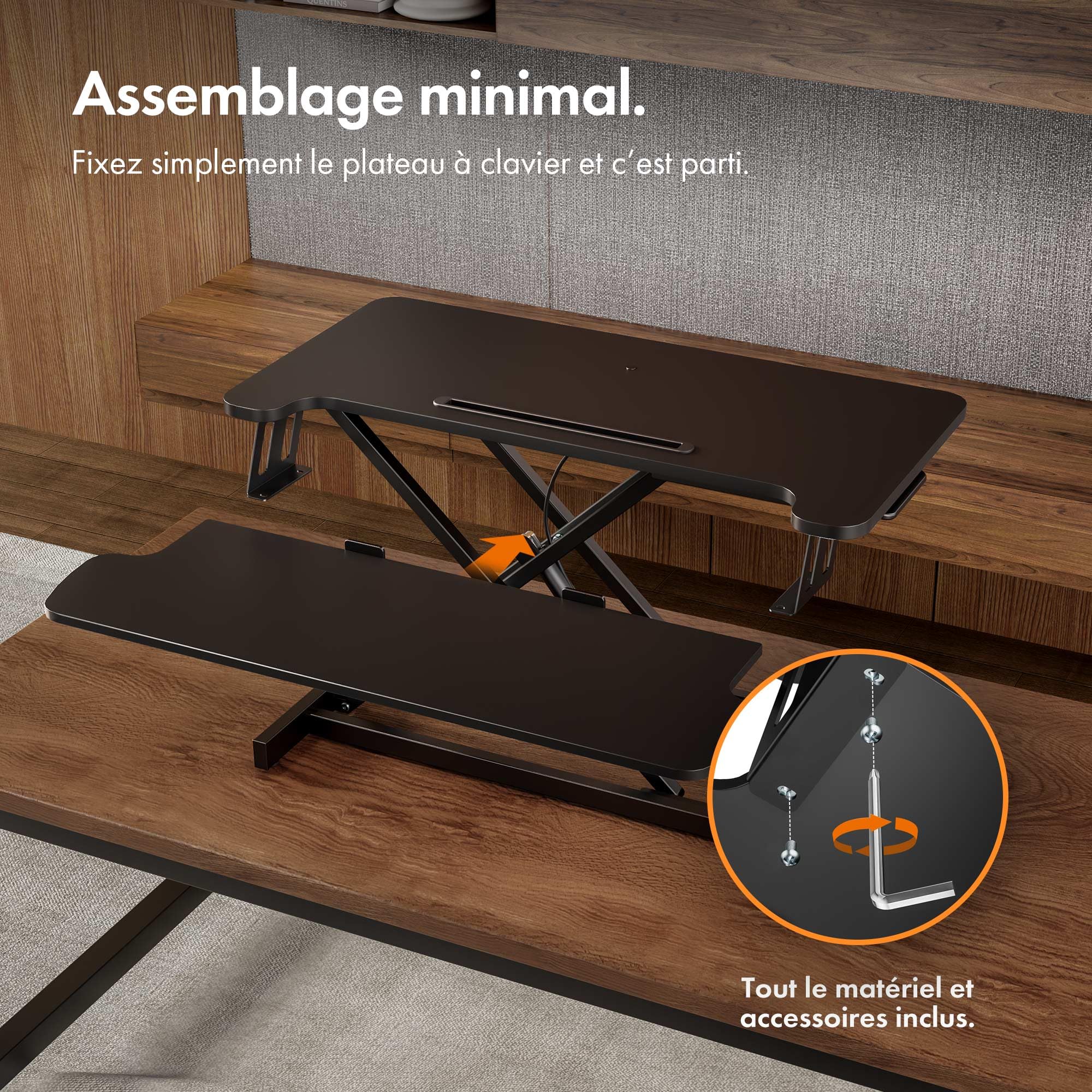 VonHaus Convertisseur de Bureau Debout, Poste de Travail Assis-Debout Réglable en Hauteur, avec Plateau pour Clavier, Support pour Tablette (Noir)
