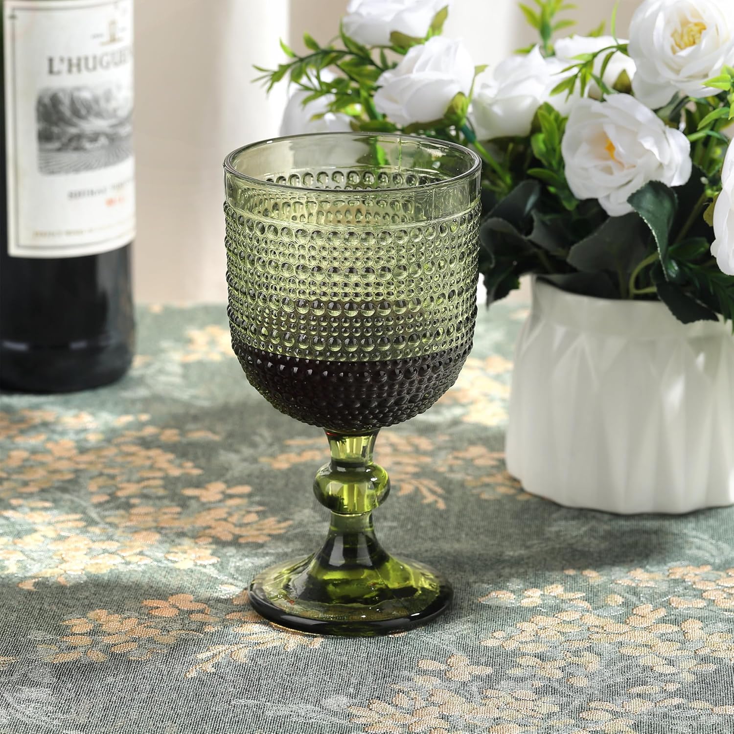 Joeyan Green Vintage Wine Goblet Glasses,Embossed Colored Stemmed Glass Cups,Hobnail Stemware Drinking Glasses,Romantic Beaded Glassware for Water Juice Cocktail,12 oz,Set of 4,Dishwasher Safe - Image 2