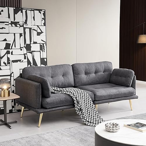 Miniatura 10 de Anwick Sofá biplaza moderno de tela de lino tapizado de 3 plazas con patas de metal y almohada para sala de estar, dormitorio, apartamento,