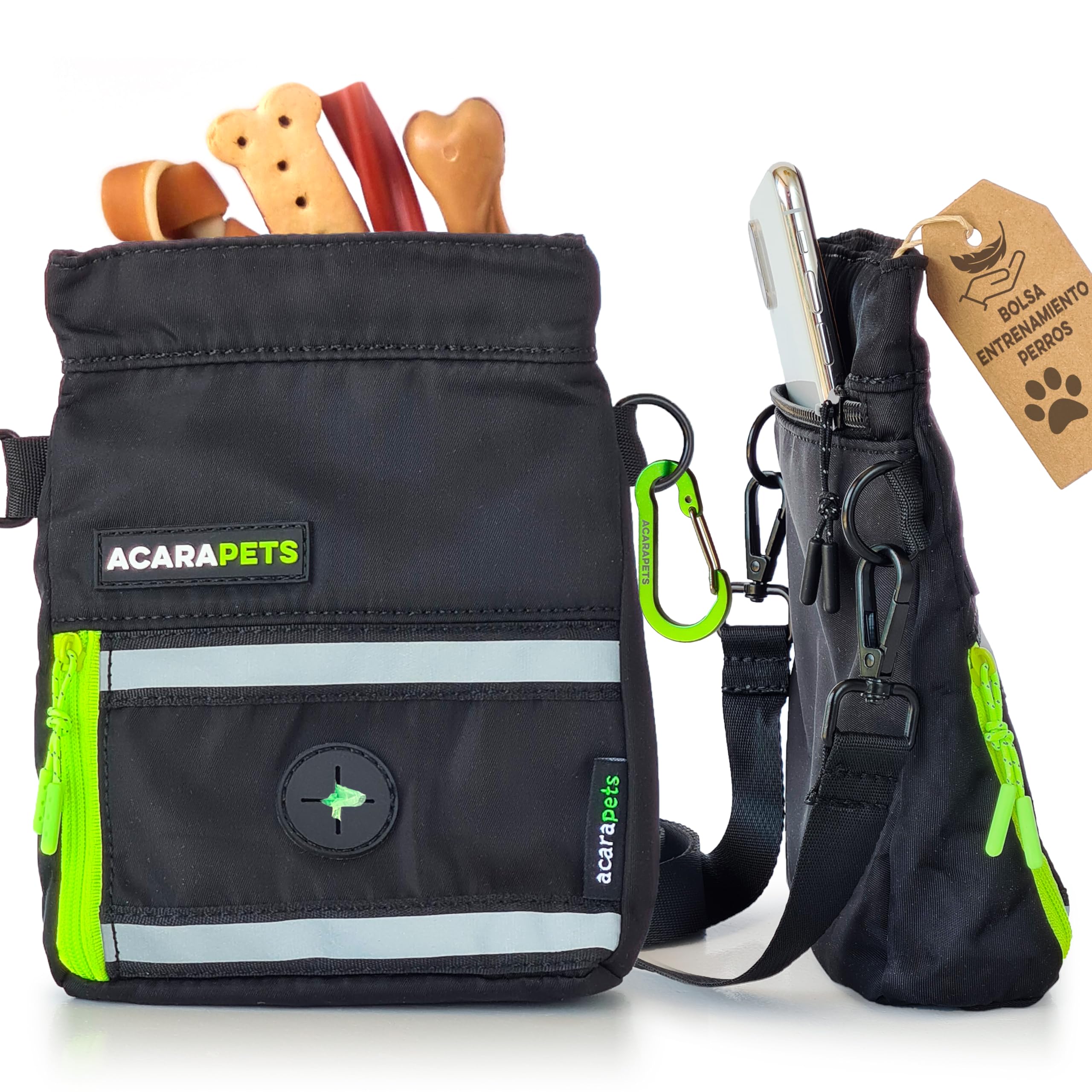 ACARAPETS Bolsa Entrenamiento Perros, Cierre automático, dispensador Bolsa excrementos (Rollo Regalo), mosquetón, 3 Bolsillos, Reflectante, Impermeable, premios, chuches, golosinas.