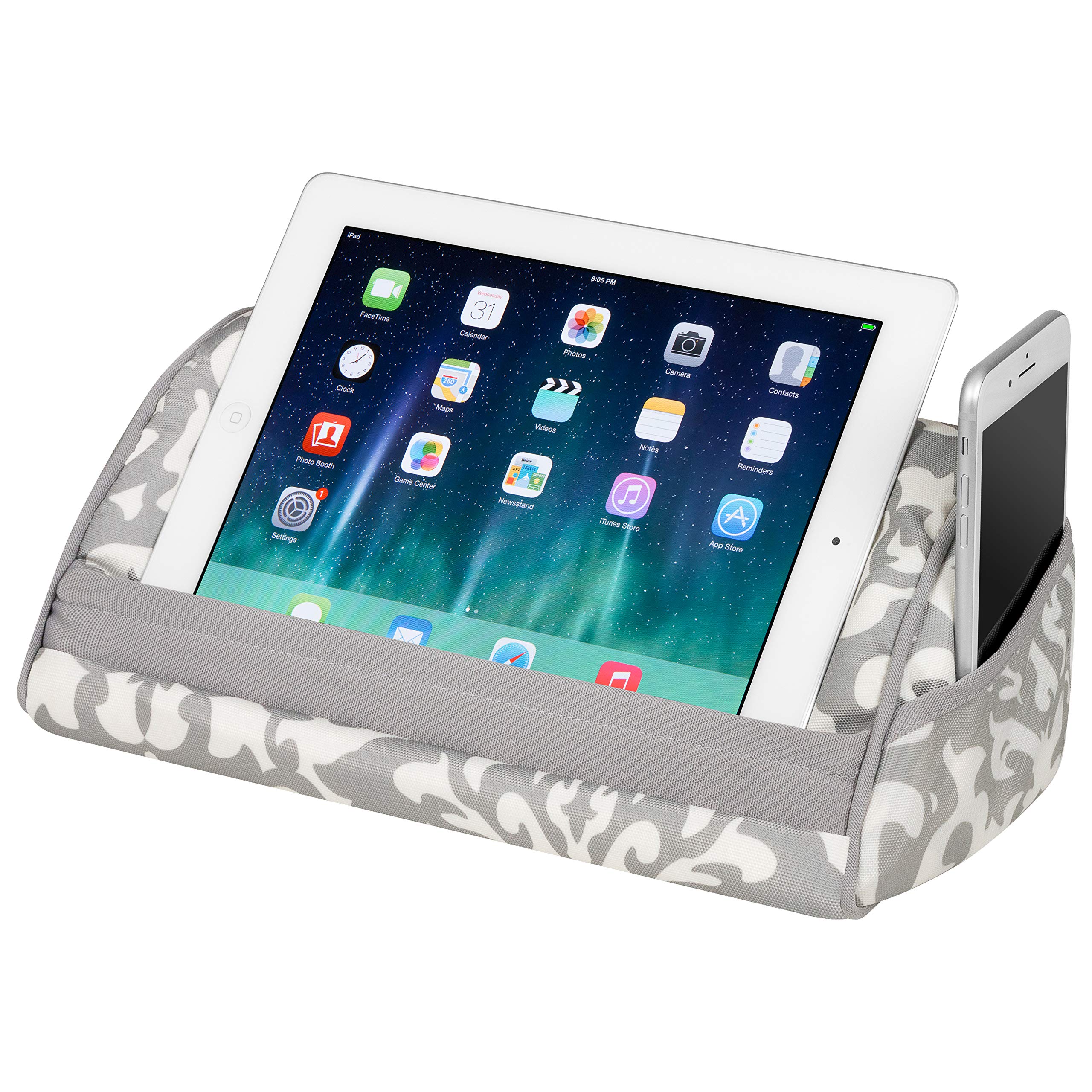 LapGear Designer Tablet Pillow Stand with Phone Pocket - Gray Damask - Fits Most Tablet Devices - Style No. 35514