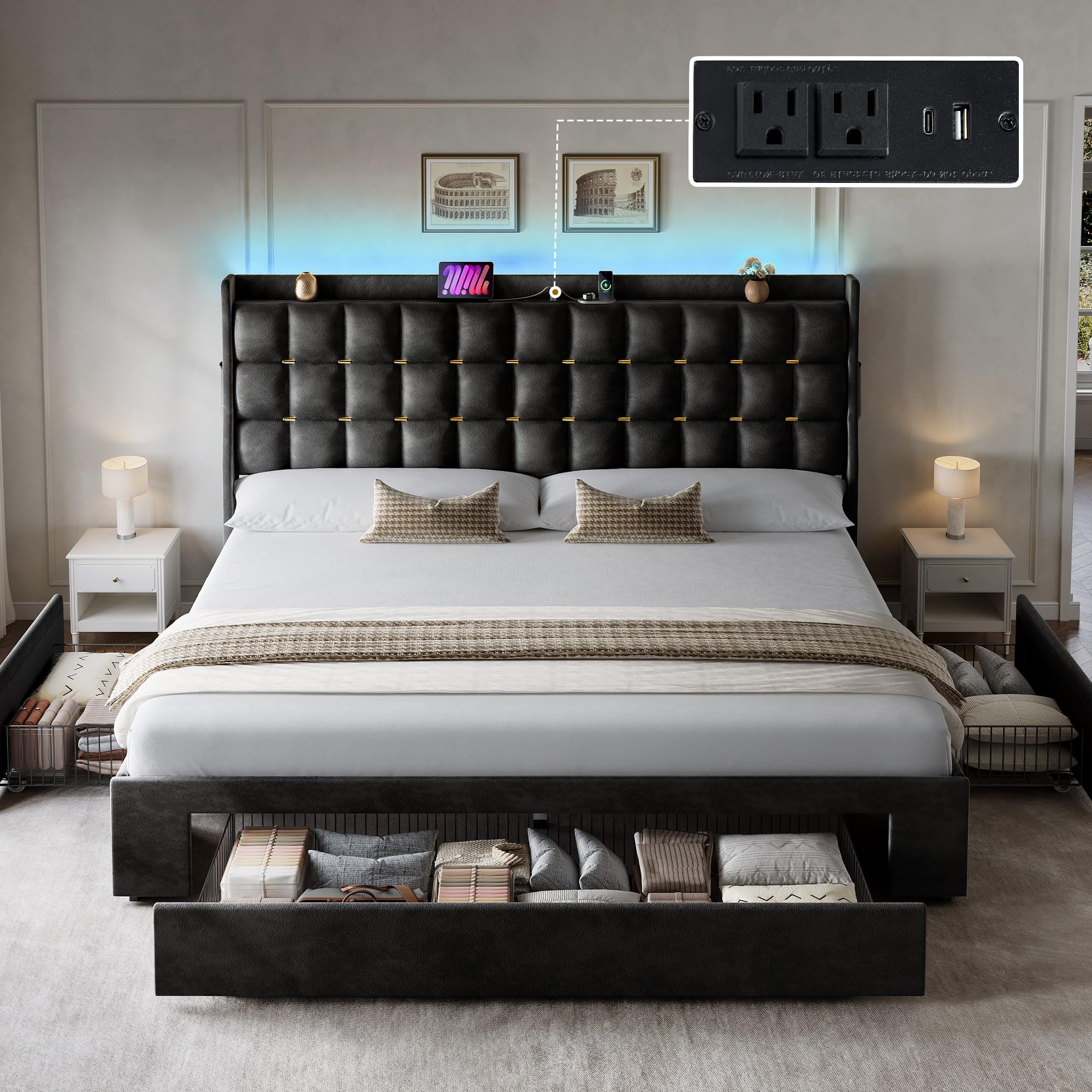 Photo 1 of *** PARTIAL ONLY HEAD BOARD AND FRAME ****  YITAHOME King Size Bed Frame with 3 Storage Drawers and RGB LED Lights, Velvet Upholstered Bed Charging Station and Storage Headboard, Easy Assembly, Noise-Free, Charcoal Black