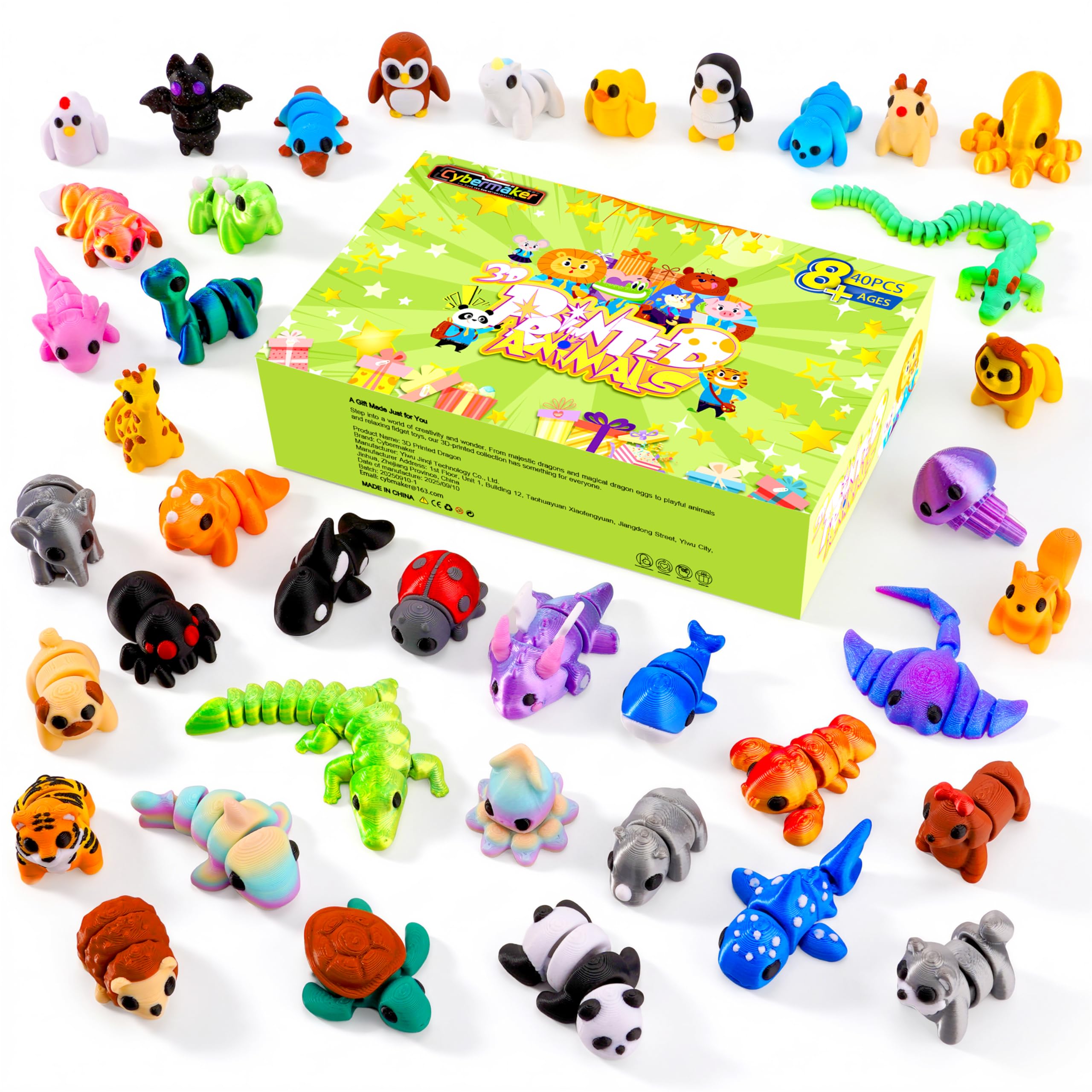 Cybermaker 40PCS Mini 3D Printed Animals, Articulated Fidget Toys for Kids | Sensory Toys, Party Favors, Classroom Prizes, Bi